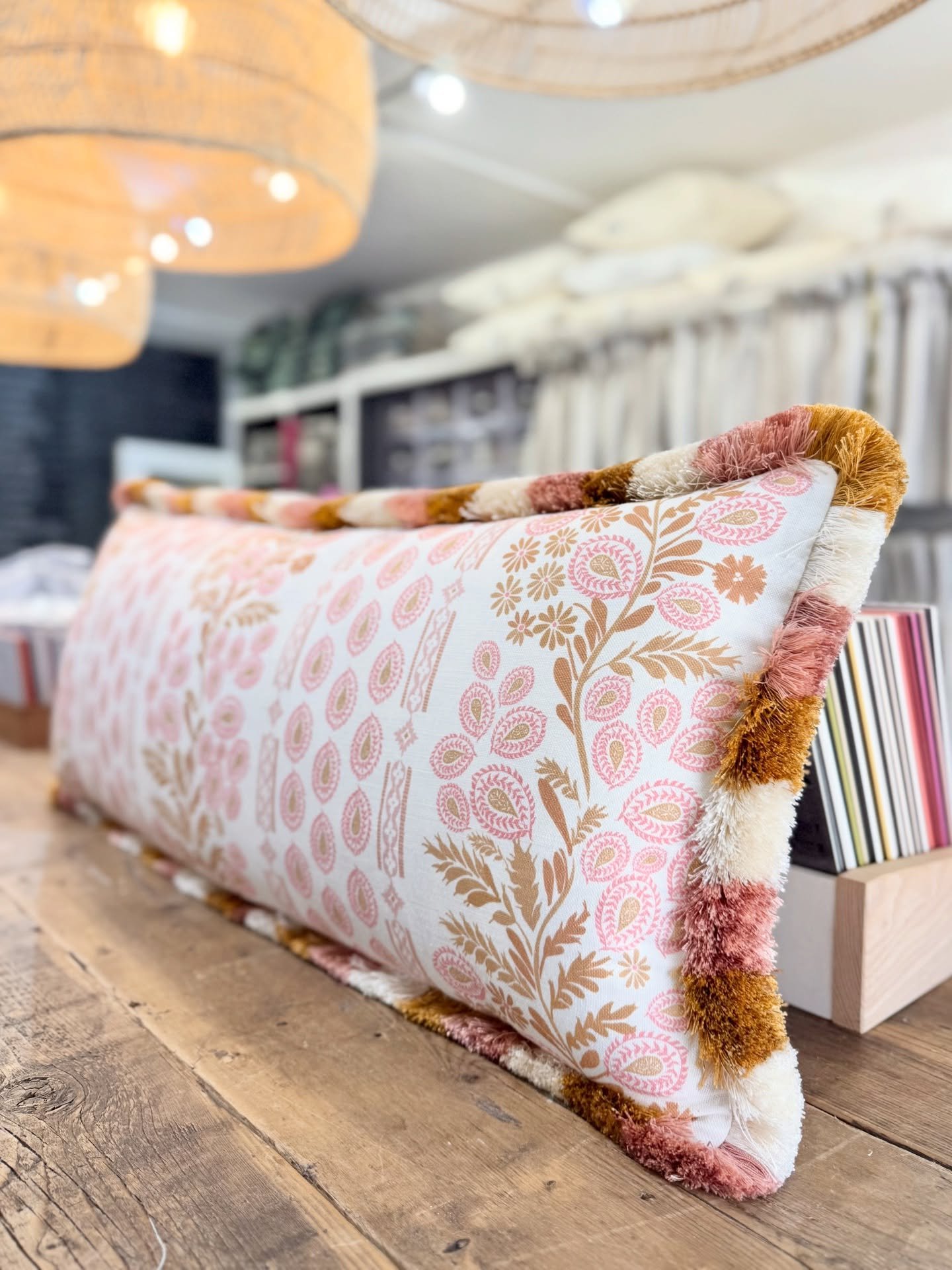 Have you ever seen a fabric and trim more perfect for each other? This beautiful, large scale bespoke cushion is ready to leave our studio - and we don&rsquo;t want to say goodbye! 🍑🌸

Our client wanted a show stopping feature cushion for their sup