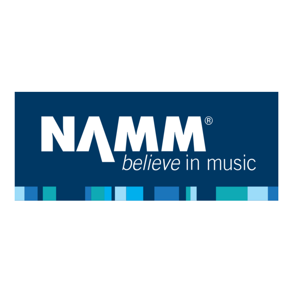 NAMM logo with the tagline 'believe in music' on a dark blue background, with a colorful patterned bottom border.