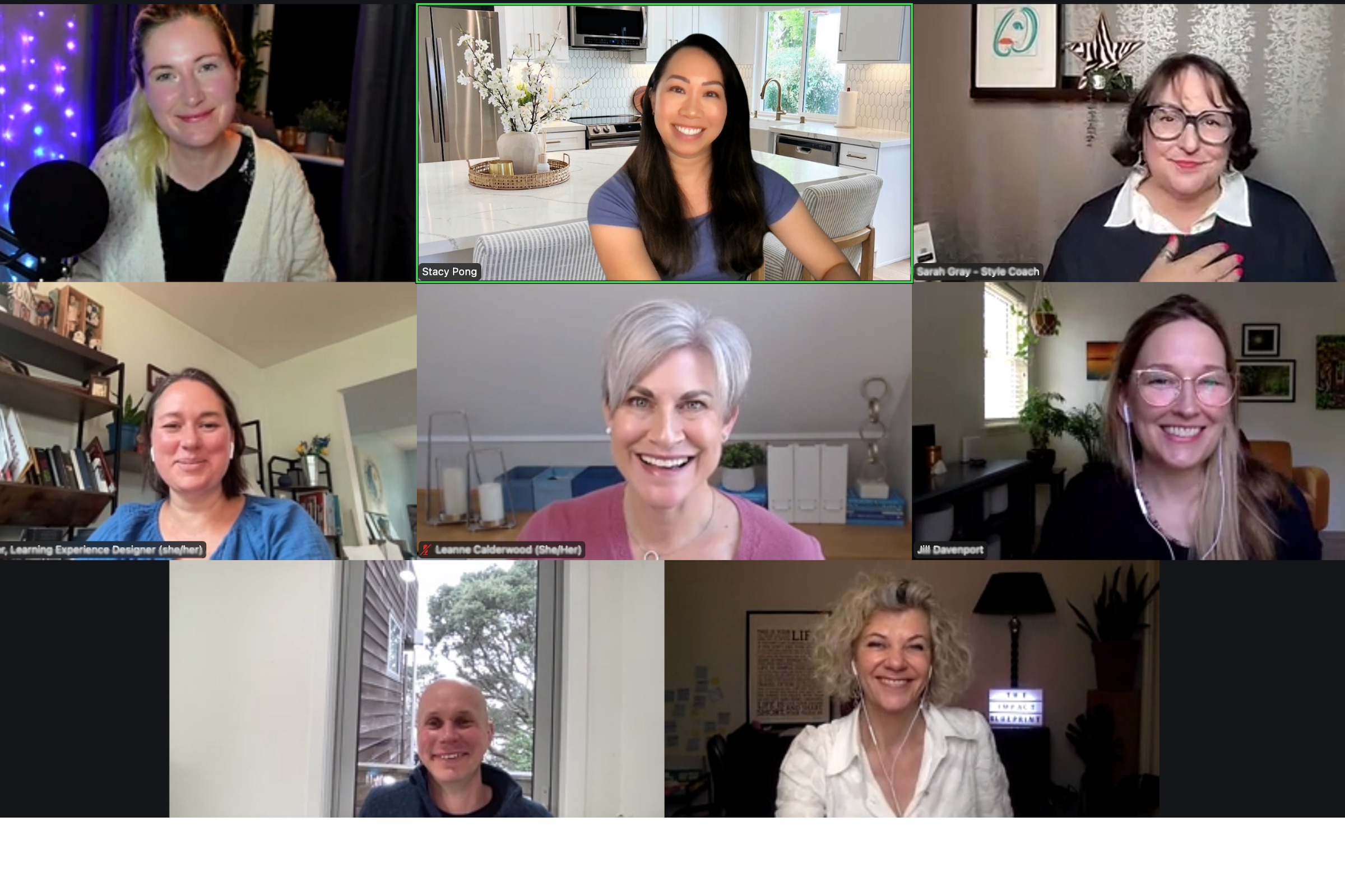 A screenshot of a virtual video conference with ten women of diverse backgrounds, smiling, in various indoor settings including kitchens and living rooms.