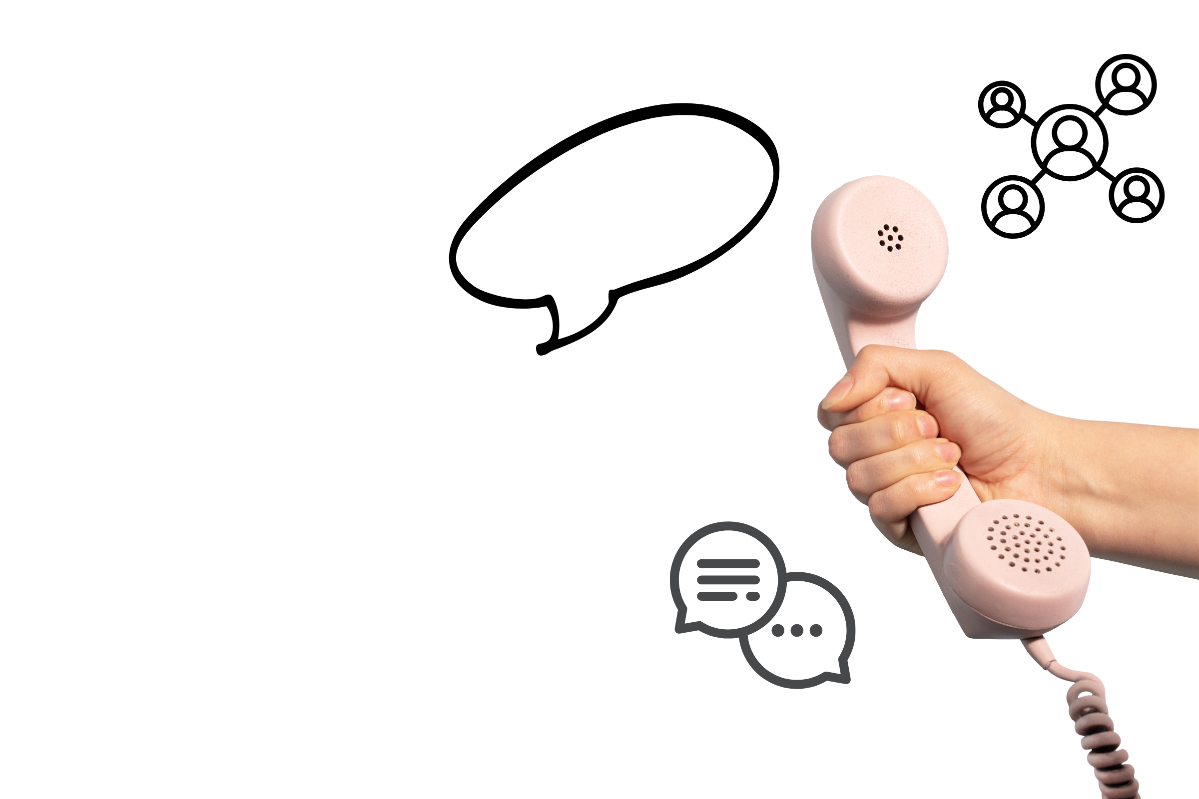 A close-up of a hand holding a pink retro telephone receiver with a black background.