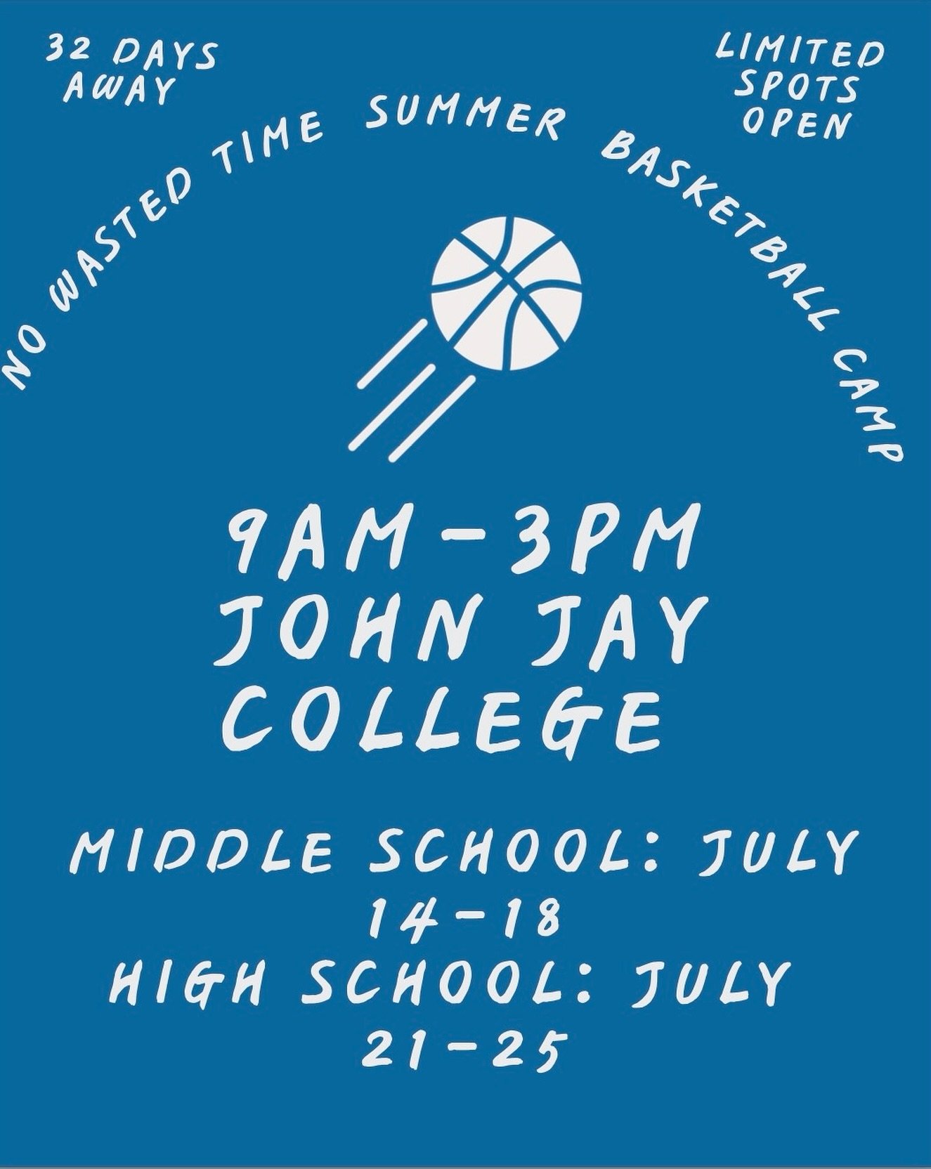 We&rsquo;re excited to host our first-ever No Wasted Time Basketball Camp at John Jay College this July! 🏀

🗓 Middle School: July 14&ndash;18
🗓 High School: July 21&ndash;25
⏰ 9AM&ndash;3PM, Monday&ndash;Friday

Get better, have fun, and build con