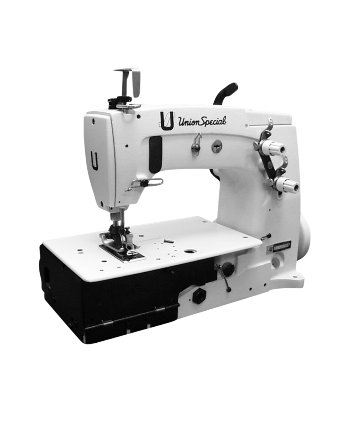 A vintage Union Special industrial sewing machine in black and white.