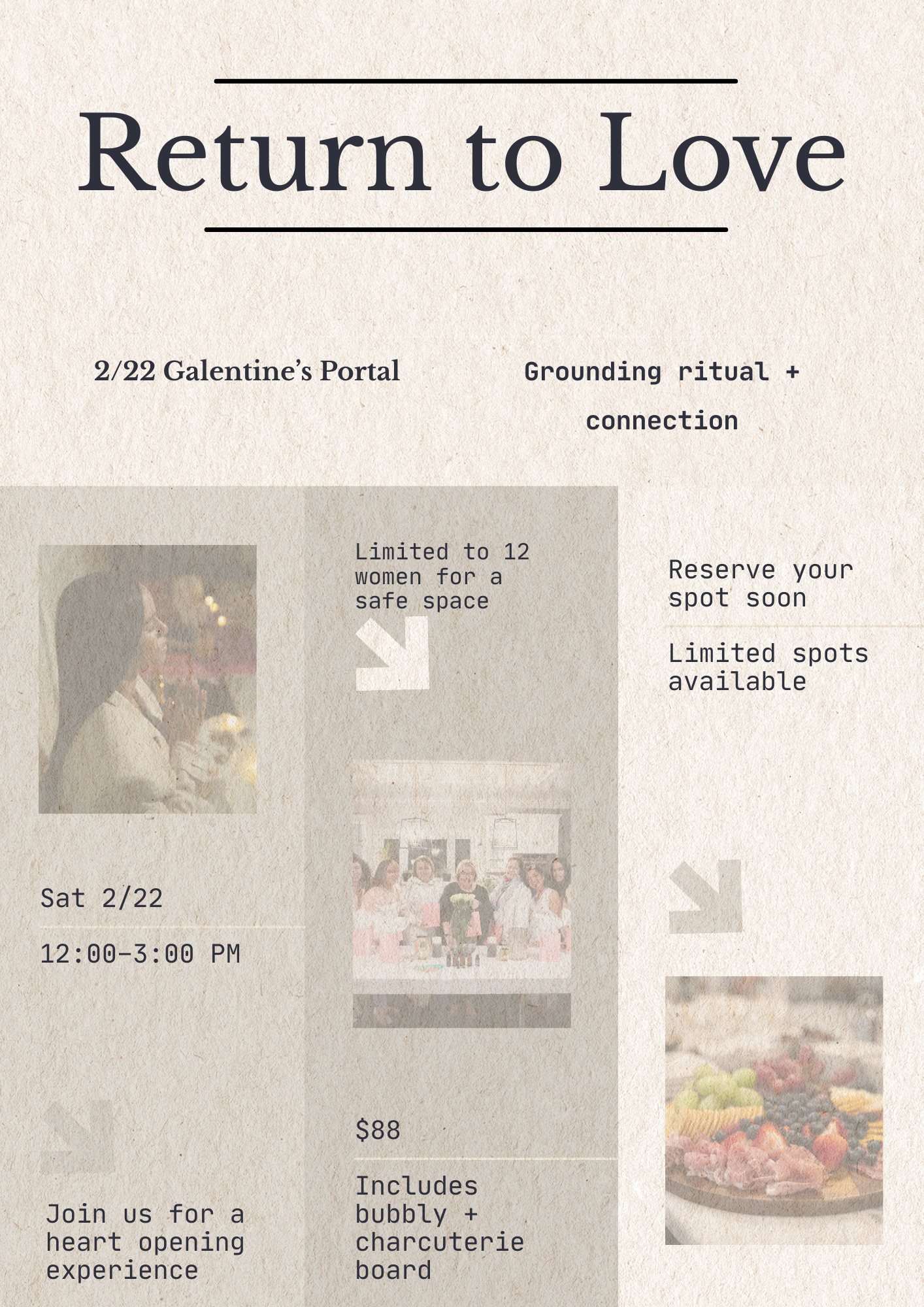 yoga, sound bath, meditation, women in community, charcuterie, somatic healing, ritual, return to love, galentine