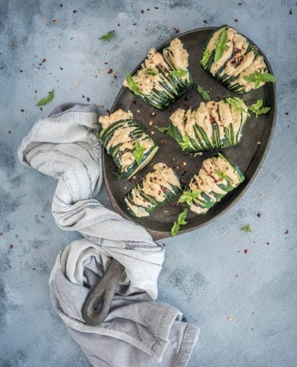 Hasselback Zucchini with Cashew Cheese! 😘 Brought this back to the blog! Full recipe there.⁠
⁠
⁠
#veganrecipes #recipeshare #veganrecipe⁠
