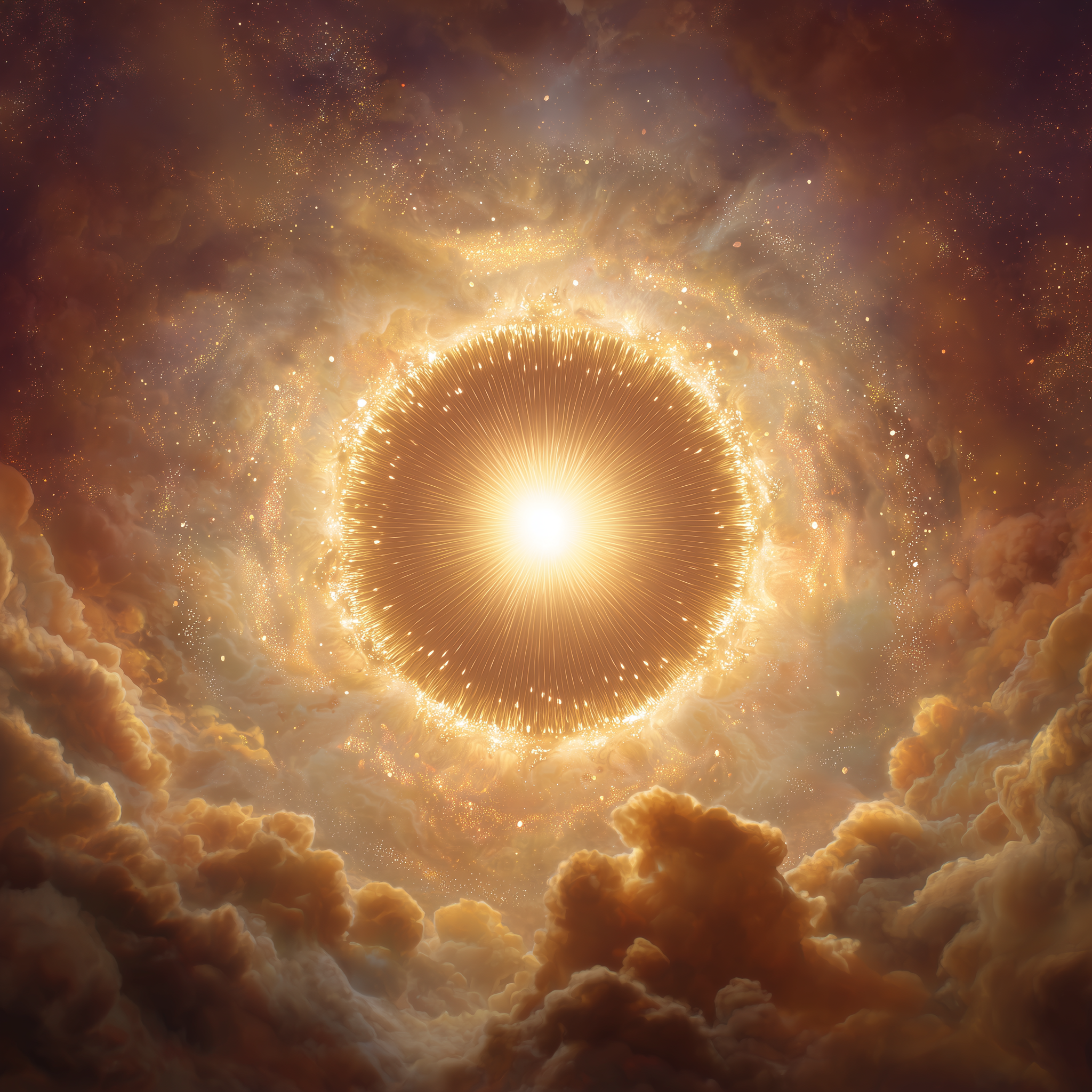 A bright, glowing cosmic explosion or starburst surrounded by swirling clouds of orange and brown gases in space.