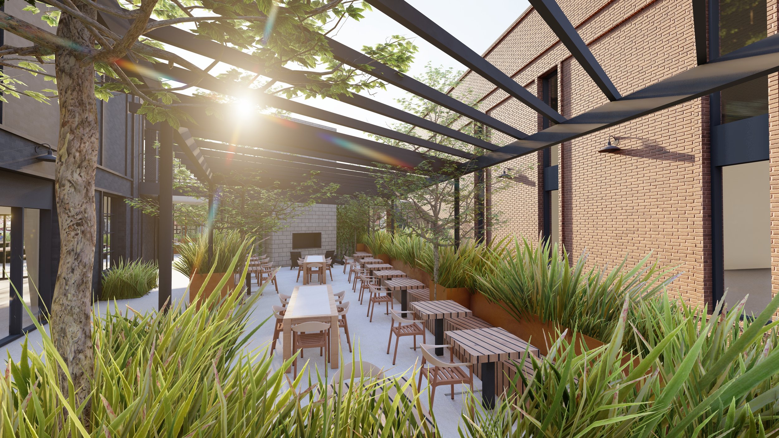 Outdoor patio with tables and chairs, surrounded by greenery and covered with a wooden pergola, apartments, housing, modern