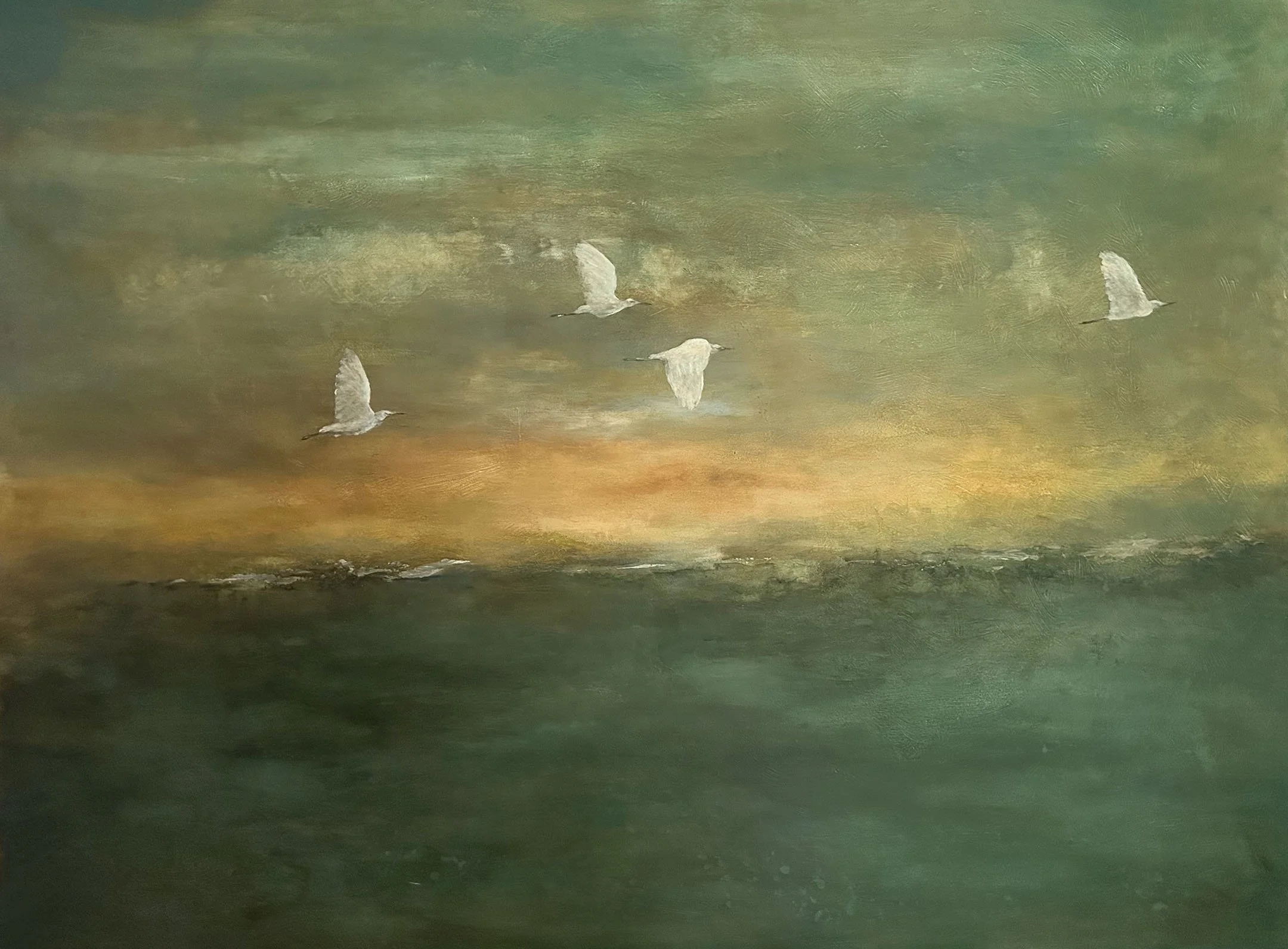 Egrets in Flight, 36 x 48, Acrylic on Wood, 2026