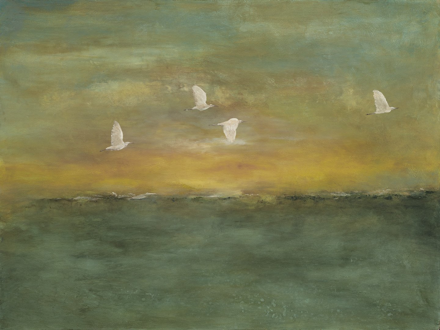 Egrets in Flight, 36 x 48, Acrylic on Wood, 2026