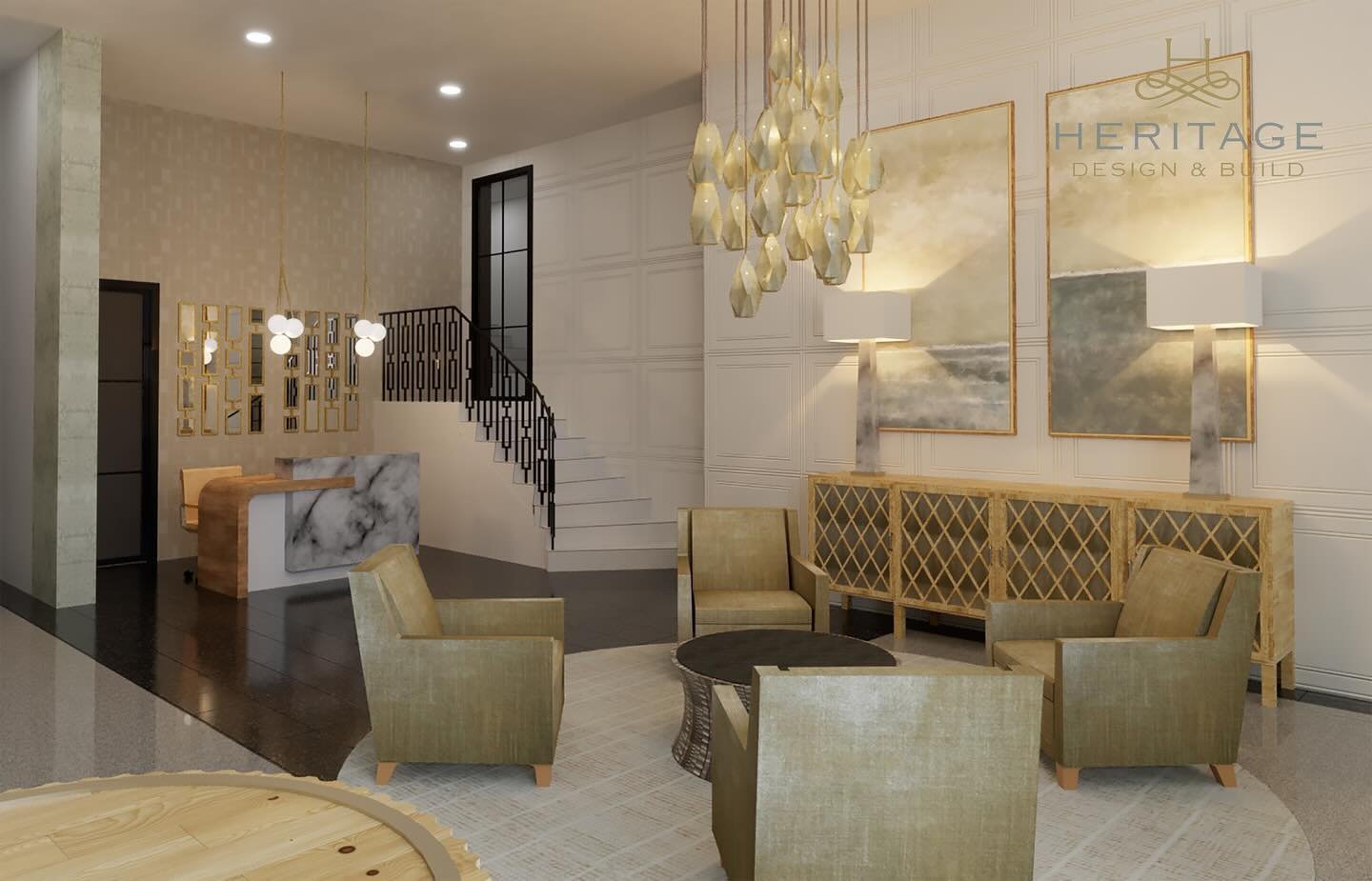 Rendering of our design proposal to renovate an outdated Atlanta condo lobby. #designbuild #interiordesign #construction #athensdesignbuild #custominteriors