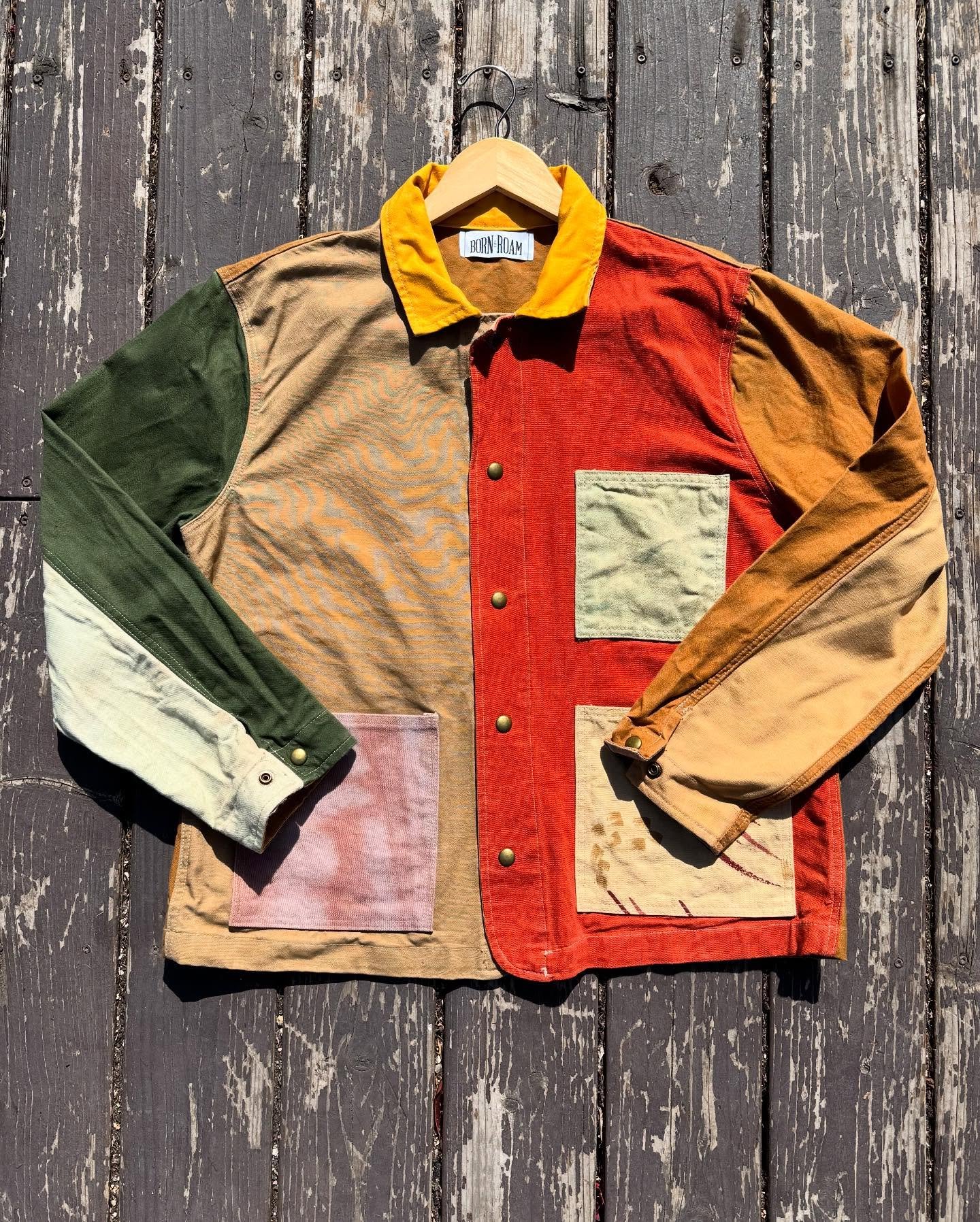 @born_to_roam_vintage scrap patch chore jackets available in the shop ✂️ each jacket is one of a kind, assembled with up-cycled scrap cotton canvas as part of an ongoing zero waste project