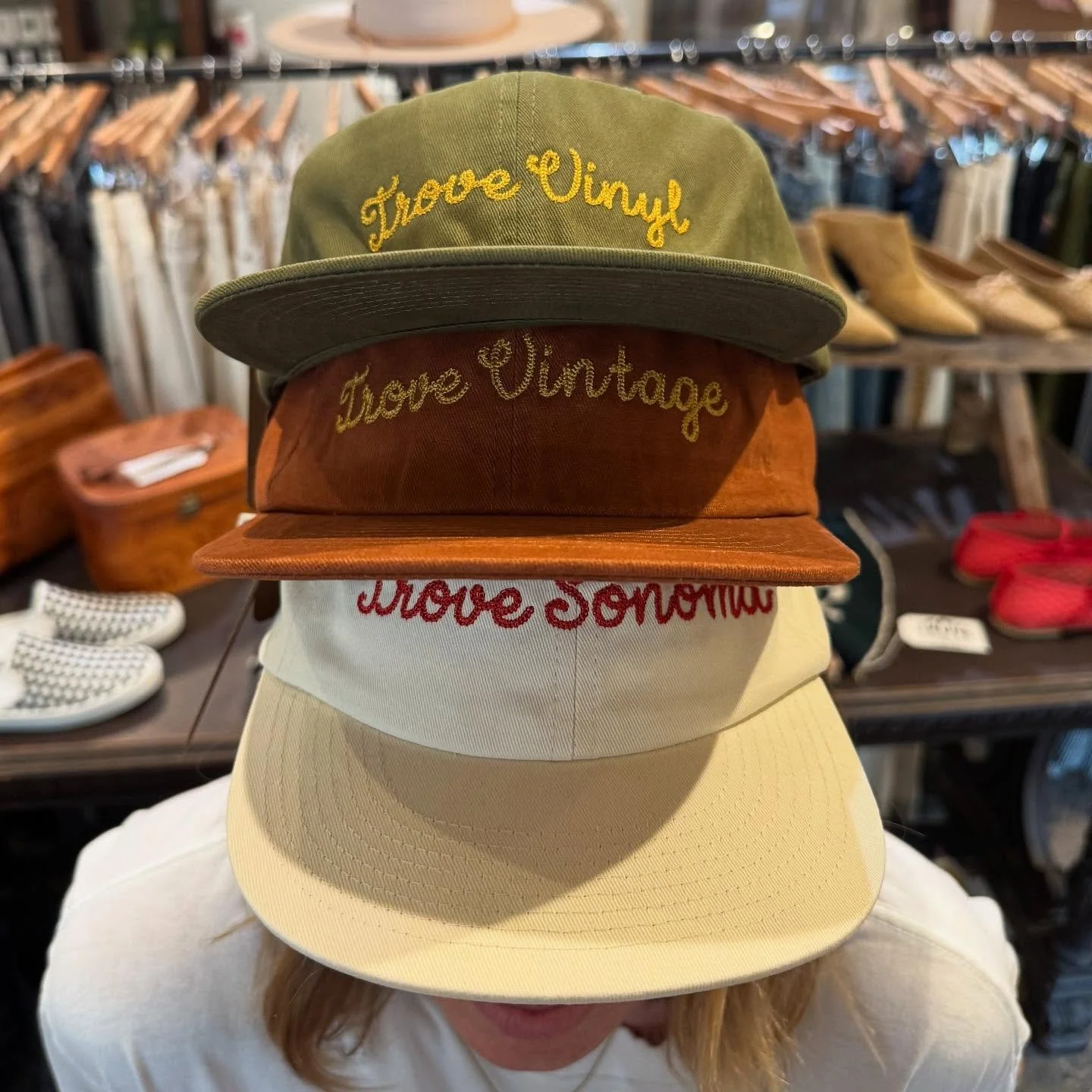 TROVE VINTAGE + TROVE VINYL + TROVE SONOMA merch hats in the shop!  Chainstitched by @yarrowgoods on @weldmfg cloth dad caps 🧢