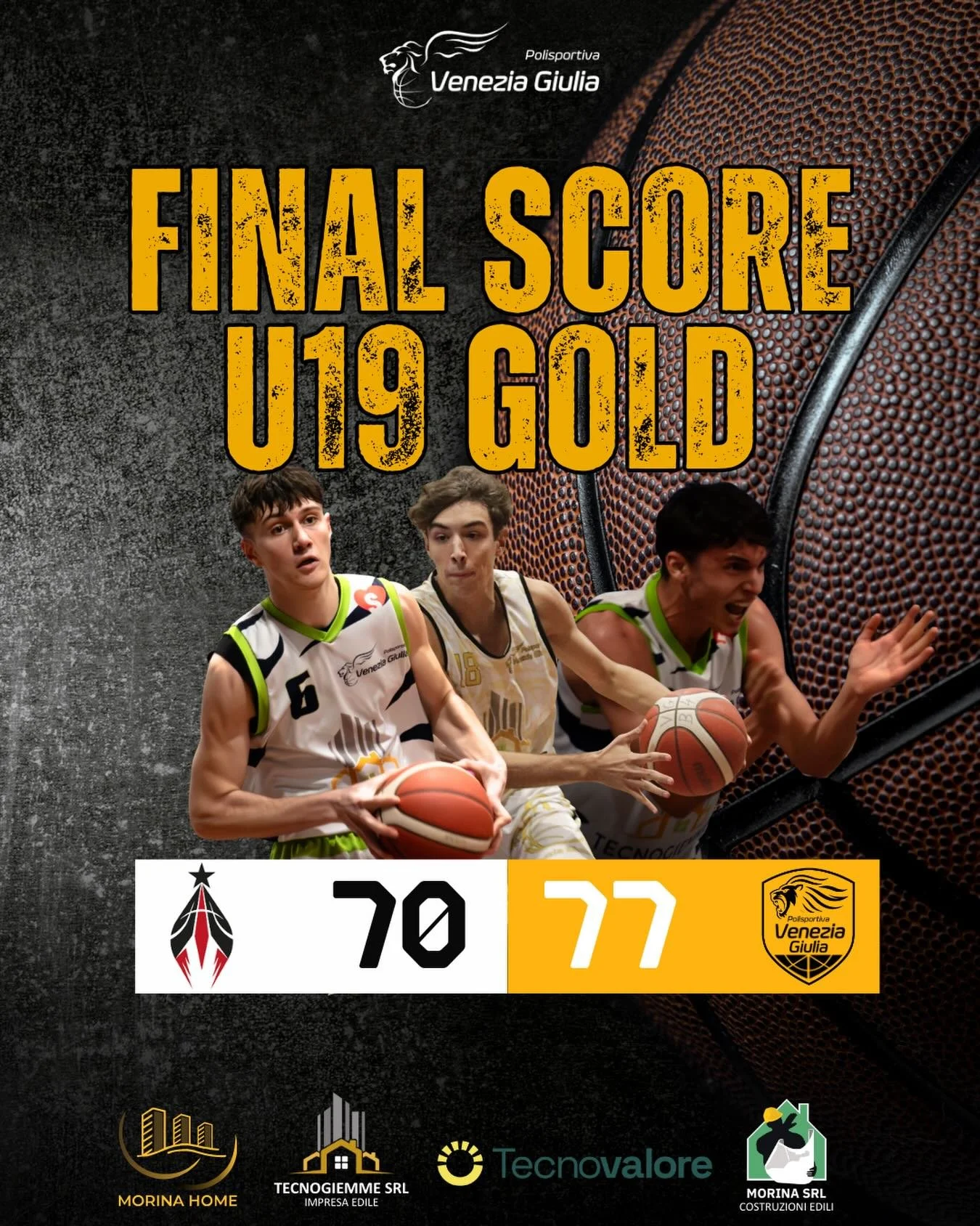 U19 GOLD: COLPO TECNOVALORE VENEZIA GIULIA A MONFALCONE

FALCONSTAR MONFALCONE - TECNOVALORE VENEZIA GIULIA 70-77 (21-17;15-16;21-19;13-25)

FALCONSTAR MONFALCONE: Maggiore 17, Fermo, Fonda ne., Bassi ne., Lubiana, Fait Dalla Nese 6, Zettin 3, Bon 1,