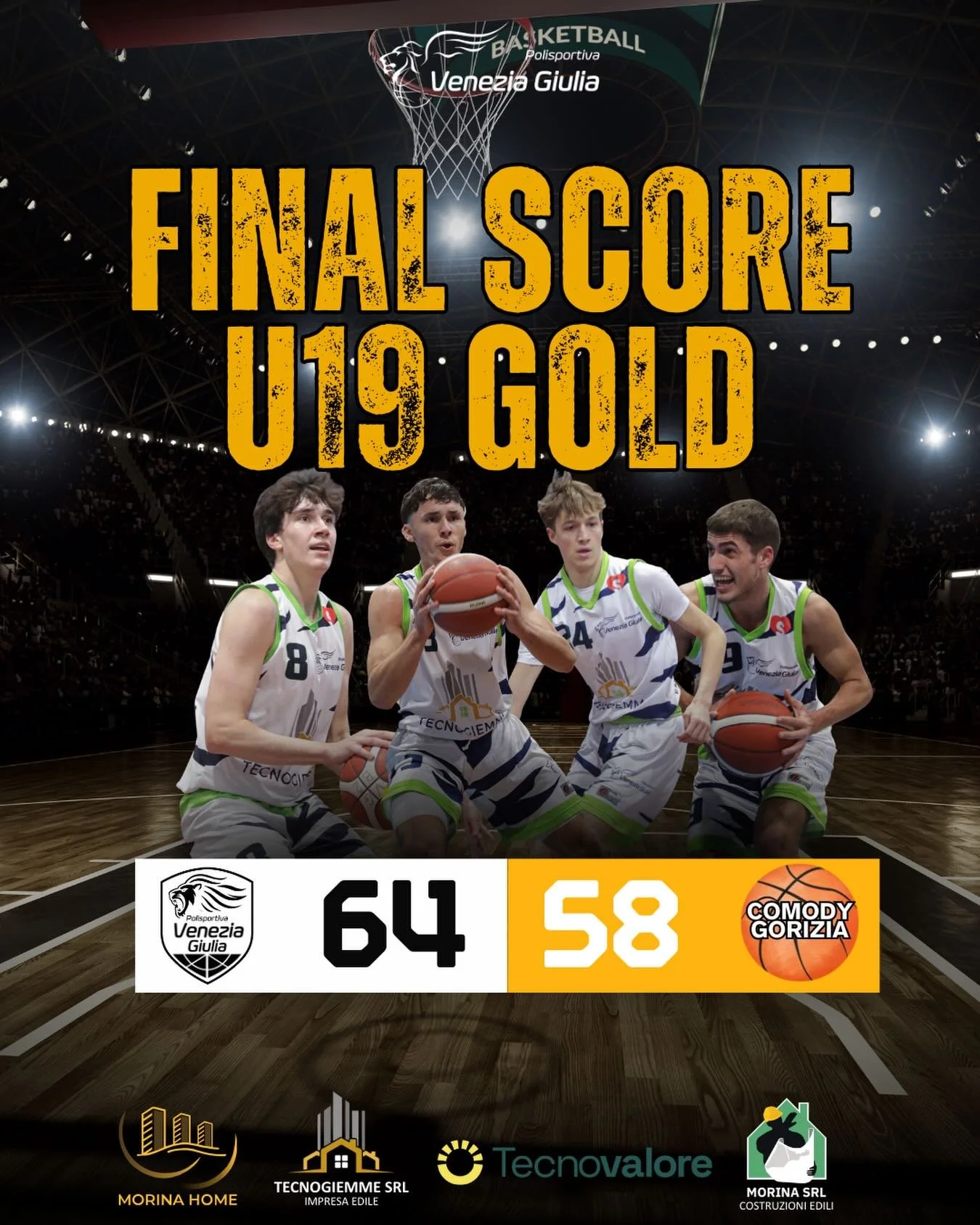 U19 GOLD: SUCCESSO IN RIMONTA PER LA TECNOVALORE VENEZIA GIULIA

TECNOVALORE VENEZIA GIULIA - COMODY 64-58 (11-20;25-9;16-10;12-19)

TECNOVALORE VENEZIA GIULIA: Grandi 7, Zorzi 18, Salvatori 3, Pastrovicchio 2, Roveredo, Giurgevich 10, Laezza 7, Bena