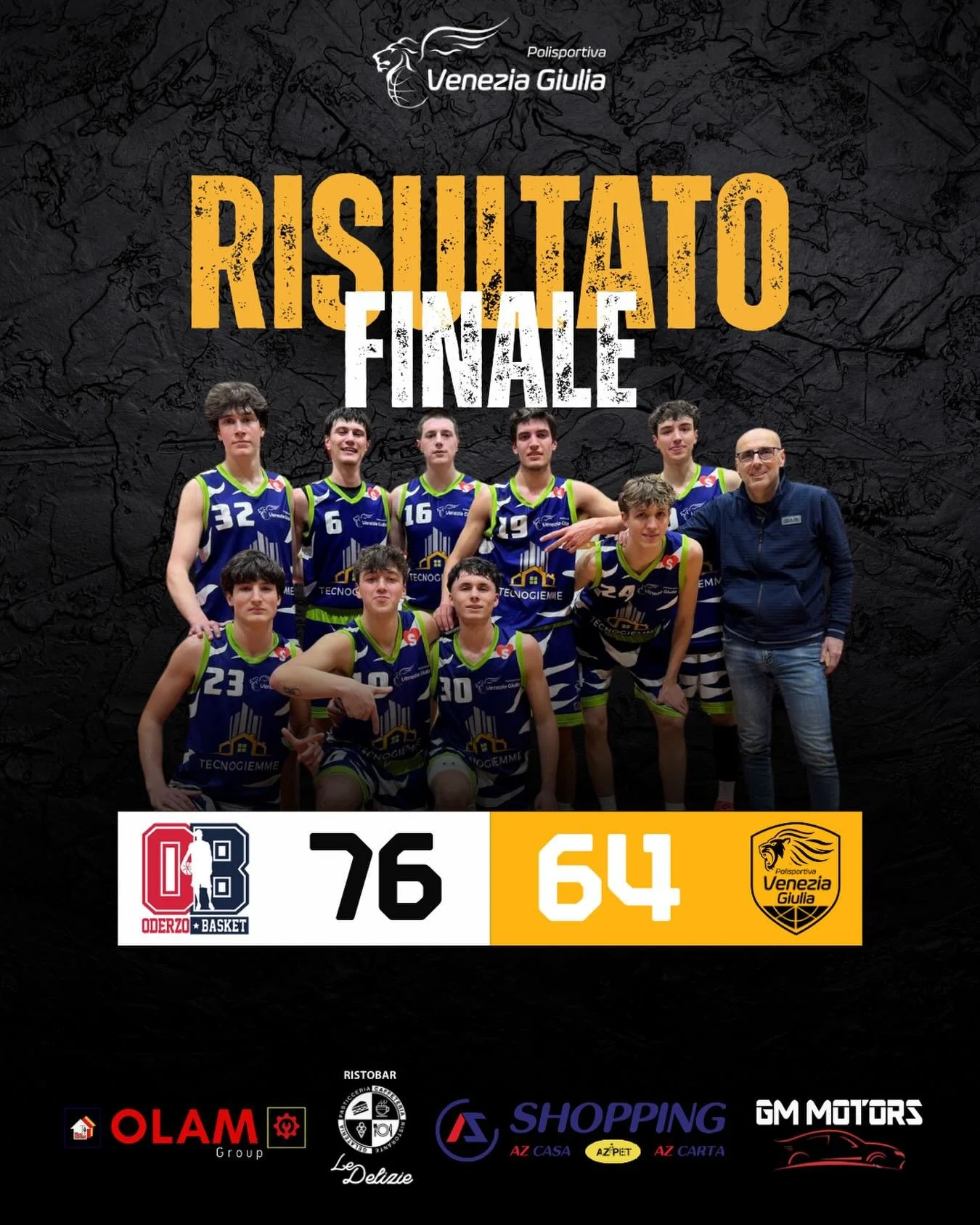 U19 GOLD: SCONFITTA CON ONORE PER LA TECNOVALORE VENEZIA GIULIA A ODERZO

ODERZO - TECNOVALORE VENEZIA GIULIA 76-64

TECNOVALORE VENEZIA GIULIA: Zorzi 8, Grandi 5, Pastrovicchio 7, Salvatori 4, Benamati 11, Laezza 16, Giurgevic 12, Davanzo 1, Berdini