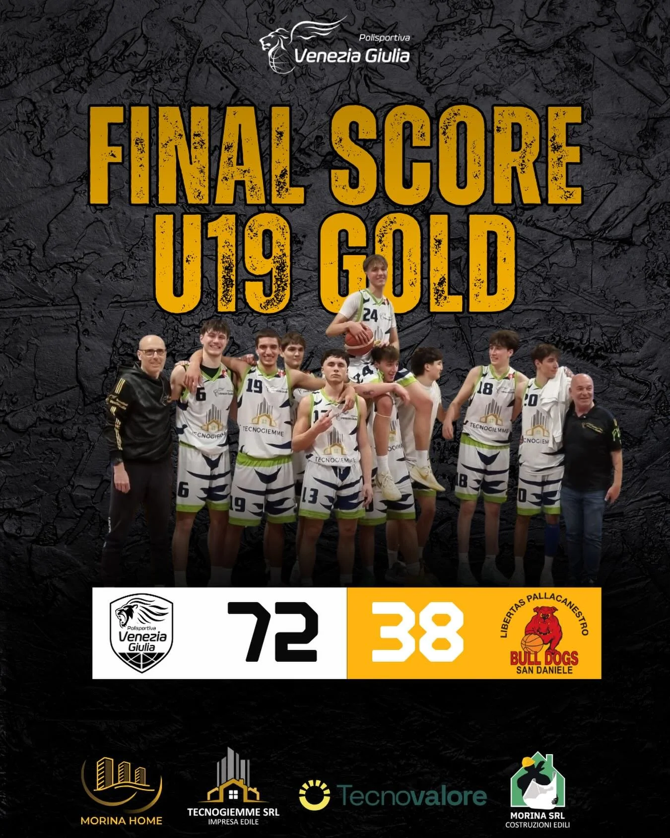 U19 Gold Interregionale:  super prestazione della Tecnovalore Venezia Giulia

Tecnovalore Venezia Giulia - Fly Solartech Icarus 72-38 (13-13;17-12;21-5;21-8)

Tecnovalore Venezia Giulia: Laezza 15, Davanzo 14, Grandi 12, Zorzi 12, Giurgevich 9, Pastr
