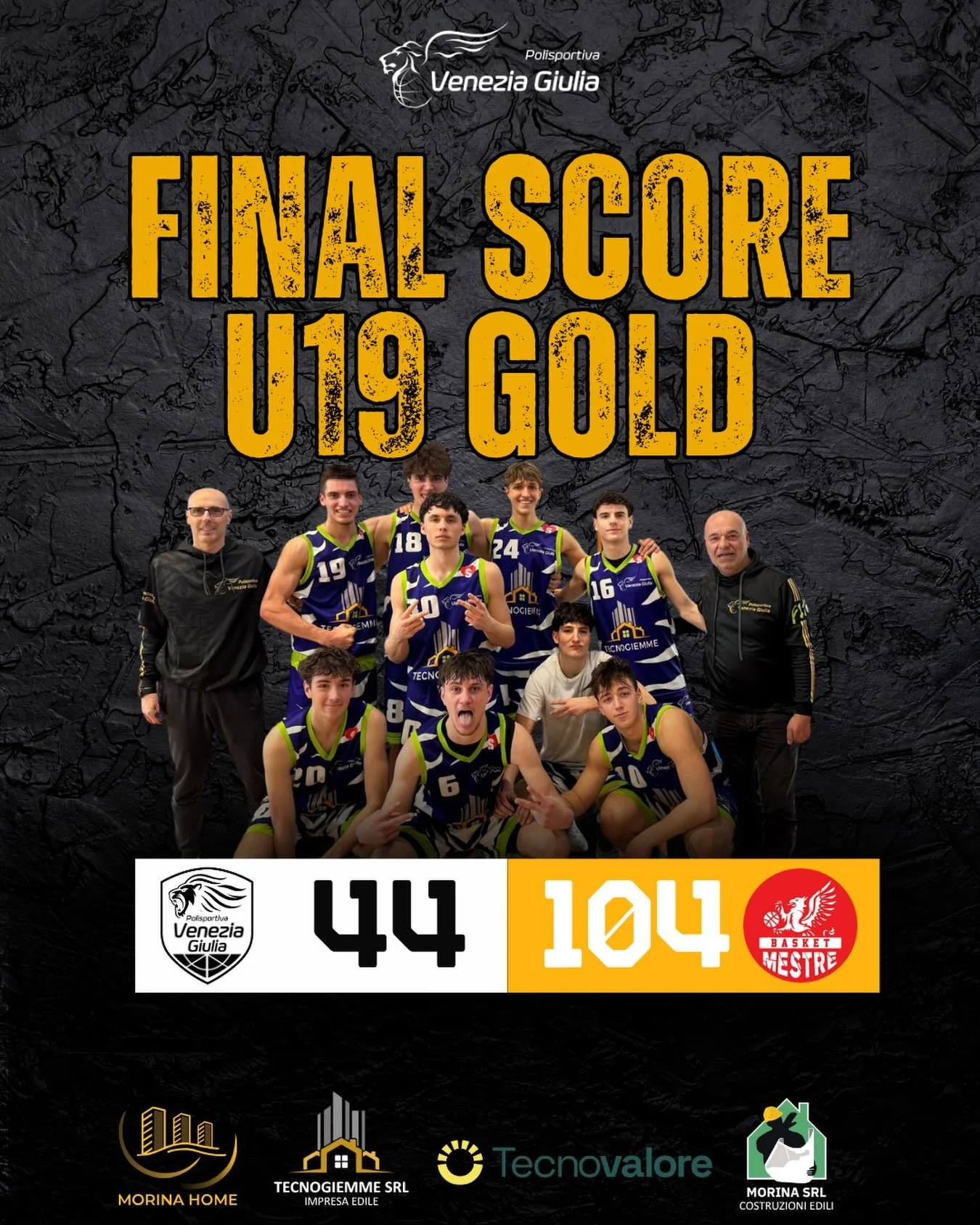 Under 19 Gold Interregionale: al PalAquilinia passa Mestre

Tecnovalore Venezia Giulia - Save Mestre 44-104 (12-26; 9-22;14-31;9-25)

Tecnovalore Venezia Giulia: Benamati 10, Giurgevich 9, Salvatori 9, Grandi 6, Zorzi 5, Davanzo 3, Adamo 2, Pastrovic