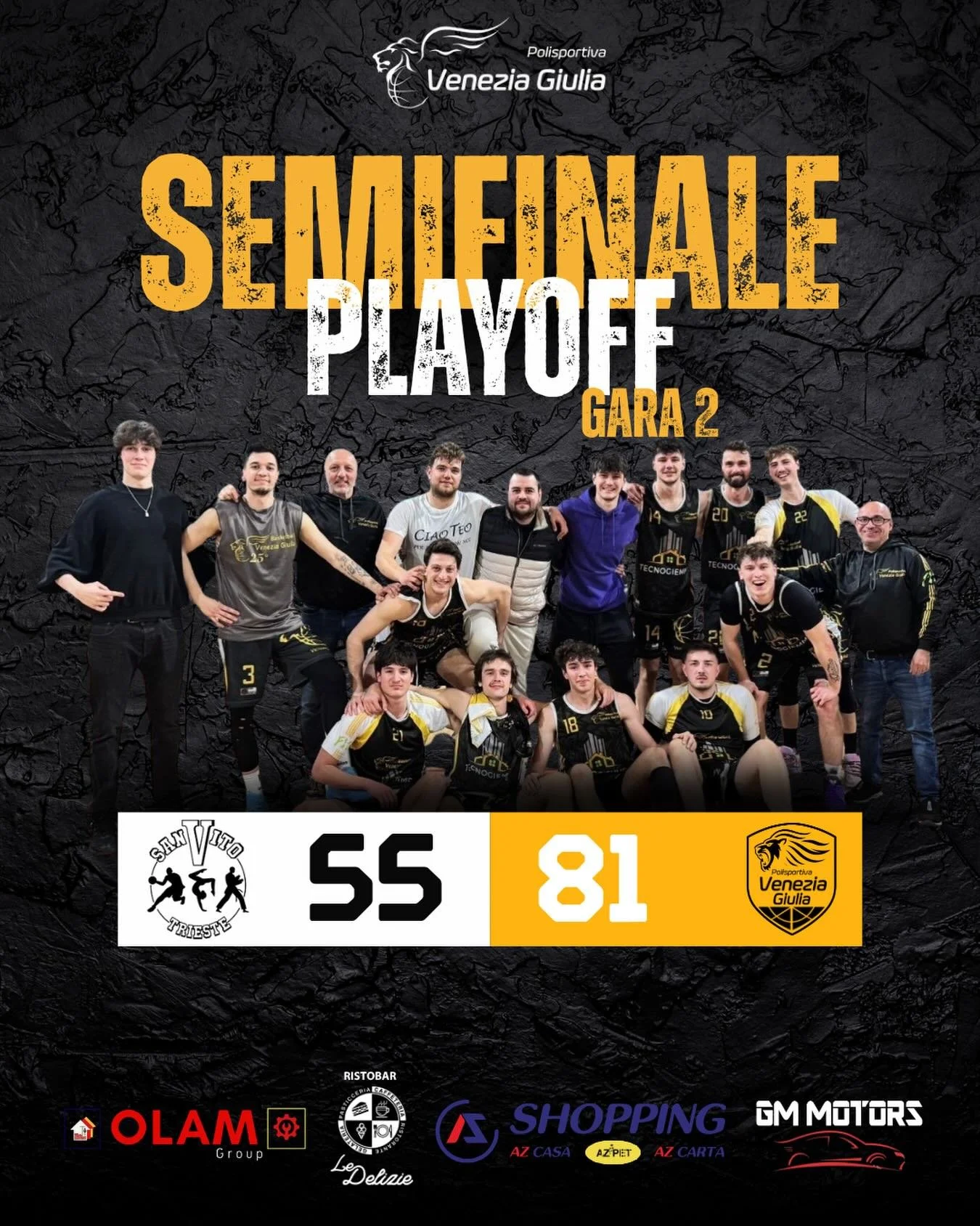 DR1: LA TECNOGIEMME COSTRUZIONI EDILI FA SUA LA SERIE CONTRO IL SAN VITO E VOLA IN FINALE!

SAN VITO TRIESTE - TECNOGIEMME COSTRUZIONI EDILI 55-81 (13-23;30-48;47-68)

SAN VITO TRIESTE: Paganotto 6, Ricamo 2, Trezzi, Prodani 3, Suzzi 9, Variola, Catt