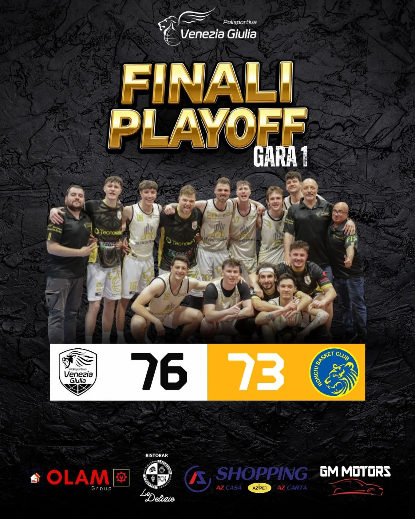 DR1: LA TECNOGIEMME COSTRUZIONI EDILI FA SUA GARA 1 DI FINALE PLAY OFF

TECNOGIEMME COSTRUZIONI EDILI - FIDEMA GROUP RONCHI 76-73 (16-17;29-35;51-54)

TECNOGIEMME COSTRUZIONI EDILI: Maiola 10, Murabito 10, Del Ben 10, Grandi ne., Milic ne., Giustolis