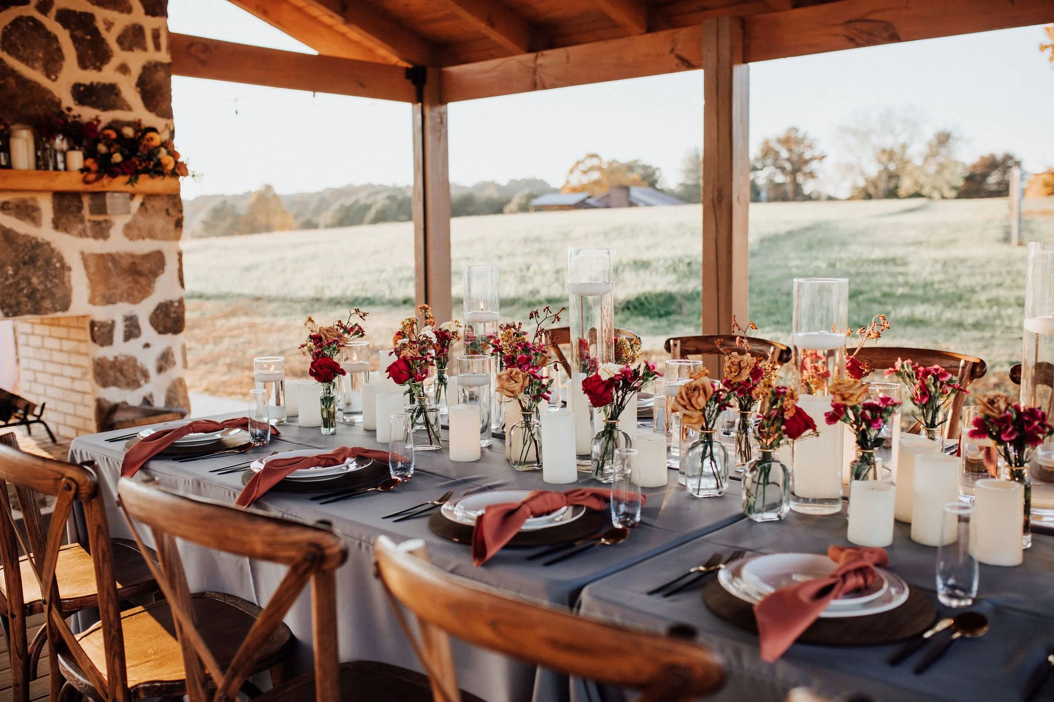 Fall flowers and candles at a wedding reception in the Smoky Mountains.