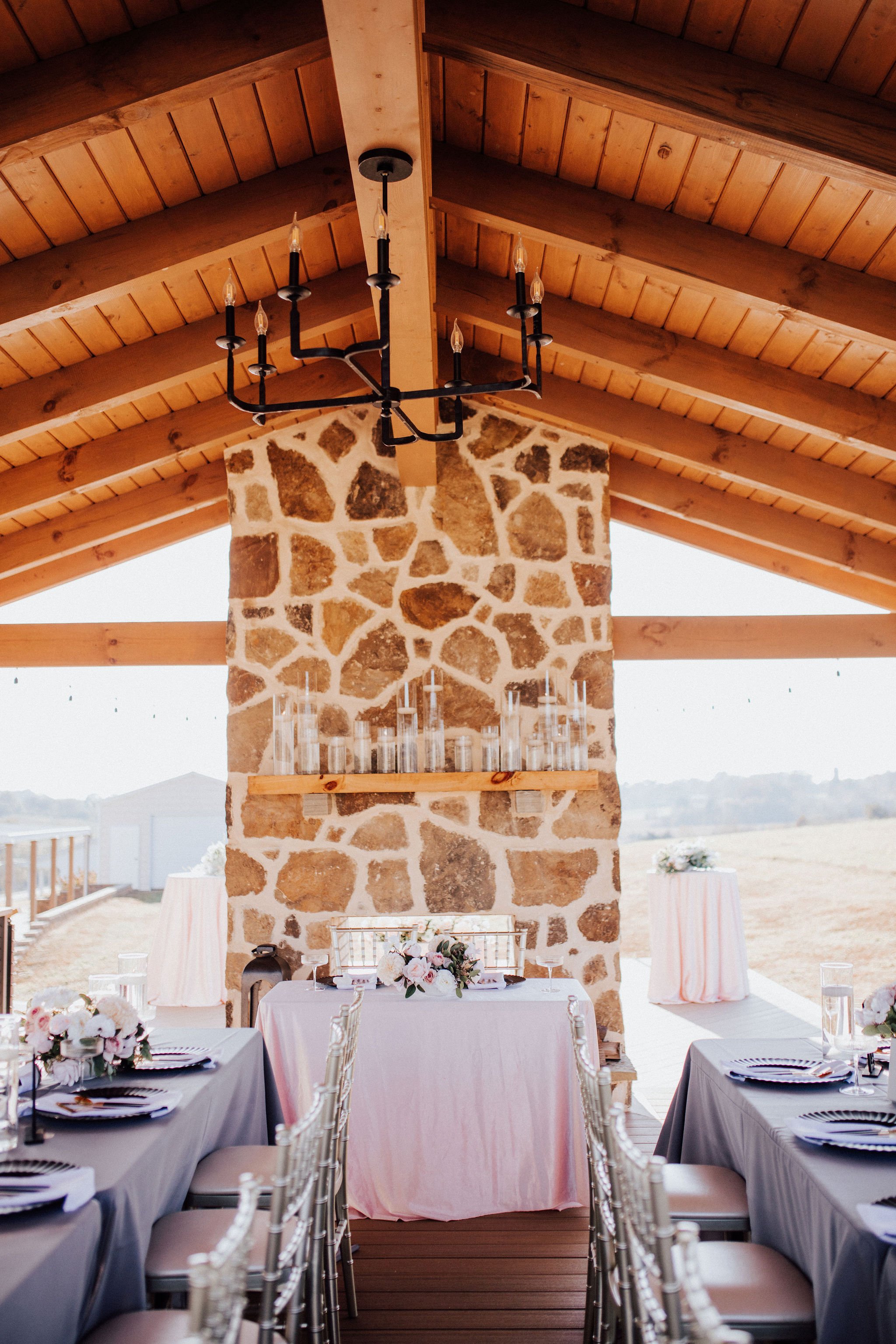 Micro Wedding Reception with a stone fireplace.