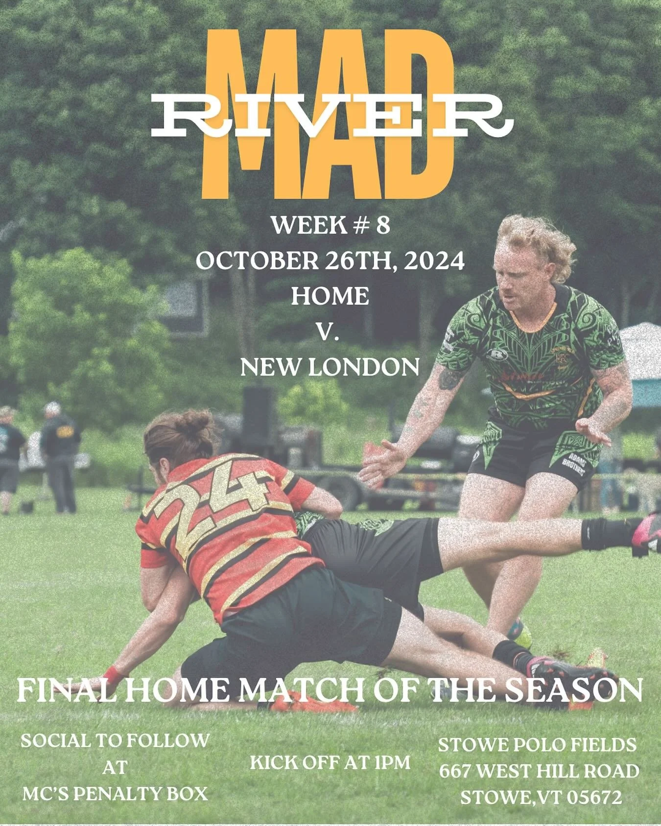 Hear Ye, Hear Ye

Calling all ruggers near and far! 

Mad River Nation has cordially invited you to our final home match of the 2024 season hosting New London RFC! 

Come by the Polo Fields for a 1pm kick off as we make our final mark on Stowe for th