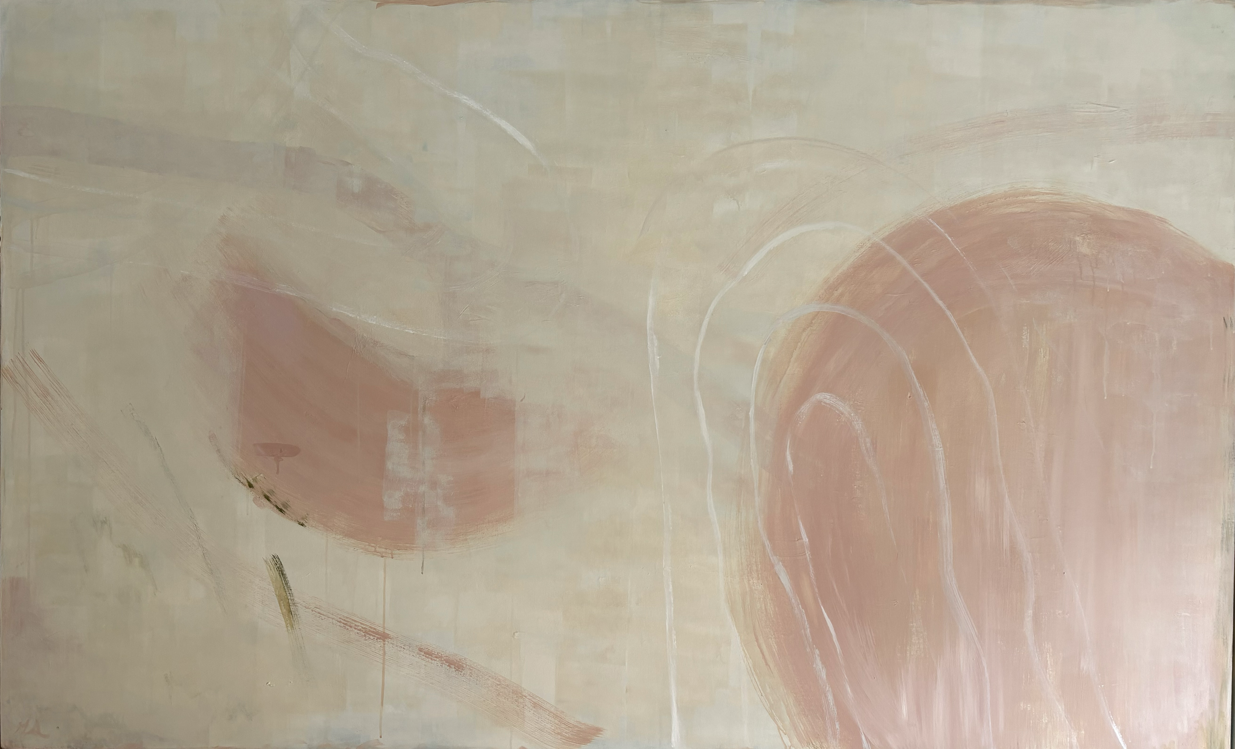 Abstract painting with soft pastel colors, including beige, pink, and light peach, featuring sweeping curved brush strokes and layered textures.