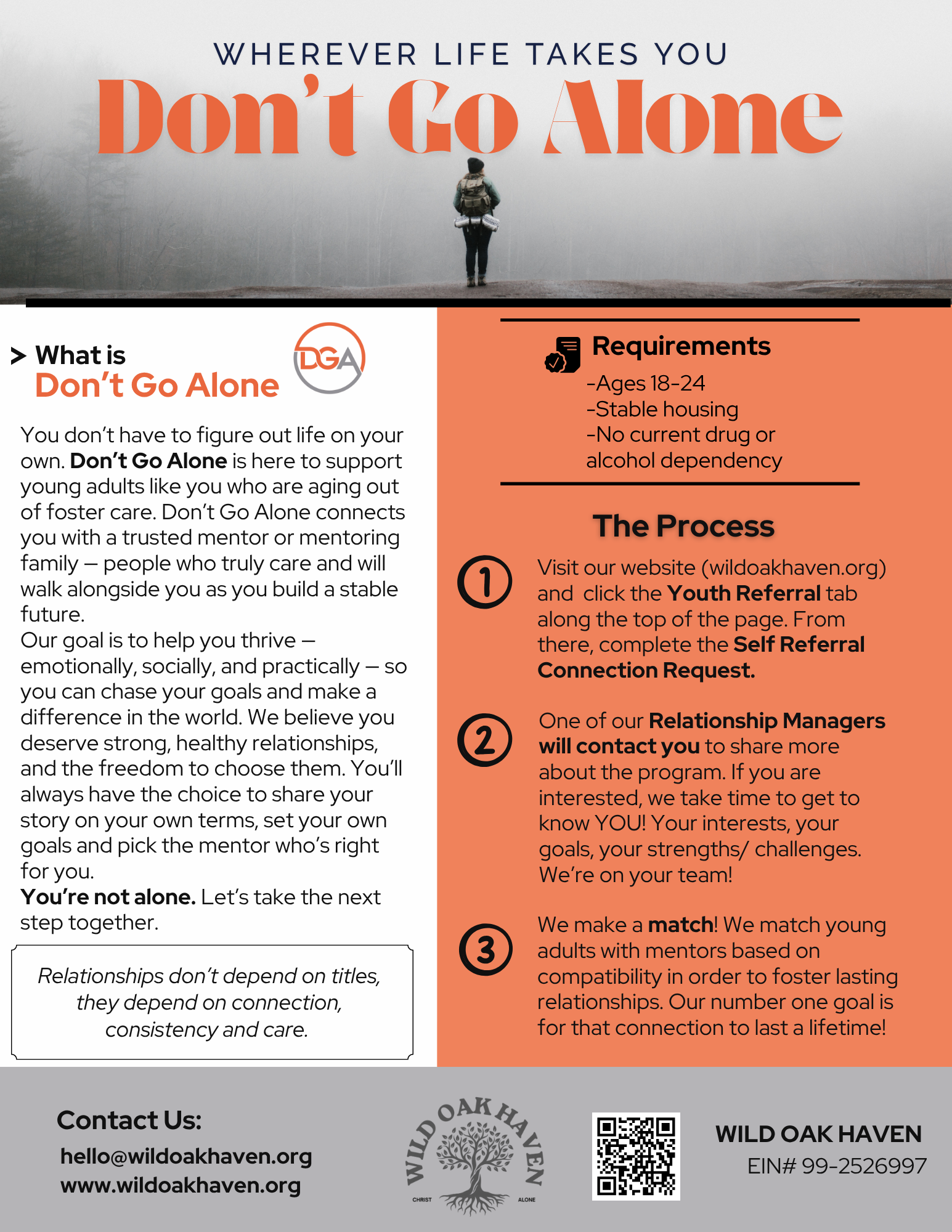 Flyer promoting the 'Don't Go Alone' program by Wild Oak Haven, showing a person with a backpack standing on a trail in a foggy forest, with detailed instructions on how to participate and contact information.