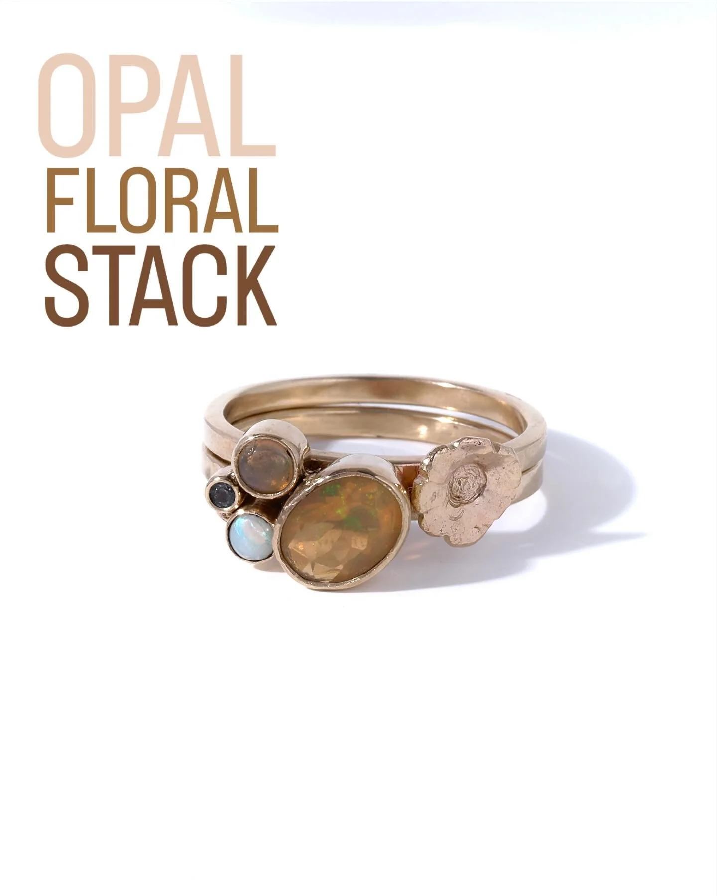Hand-formed flower ring in recycled 14k gold stacked with colorful bezel set opals on a pretty band ring. Every flower ring is individually formed, so they all turn out a little bit different. They&rsquo;re really sweet on their own, stacked together