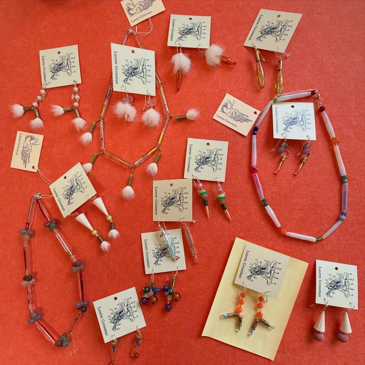 New batch from Lauren Grossman! Lauren prefers to keep her production small to control the quality and craftsmanship of her art, which utilizes glass, found materials and more. Each piece of jewelry is a unique variation colors, materials, and shapes