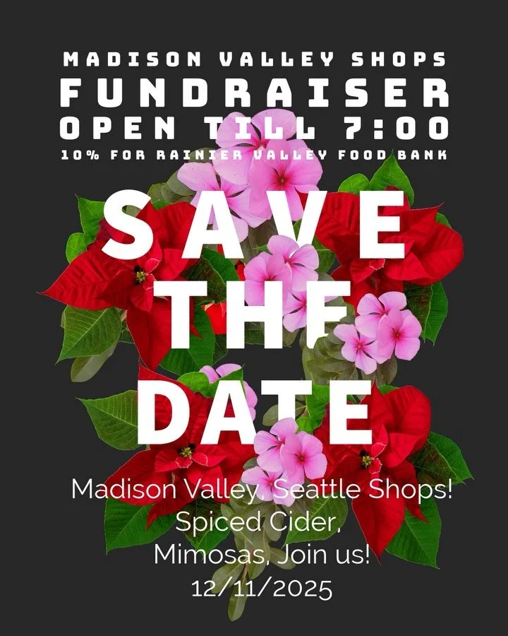 Join us this Thursday for a fundraiser for @rainiervalleyfb in the Madison Vally! Our shops will be open and festive until 7pm with various treats and exceptional company. Come shop local and help support the Rainier Valley Food Bank!