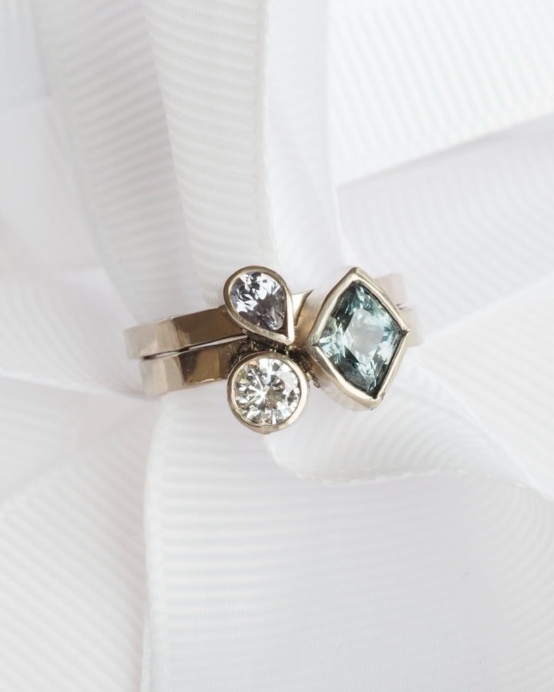 A long ago bespoke ring set. Clean, modern, and just a sparkling combination. Bezel set for practical wearability. Recycled metal and ethical stones&hellip; always. If you&rsquo;re looking for a special gift, consider a Fancy gift certificate for a b