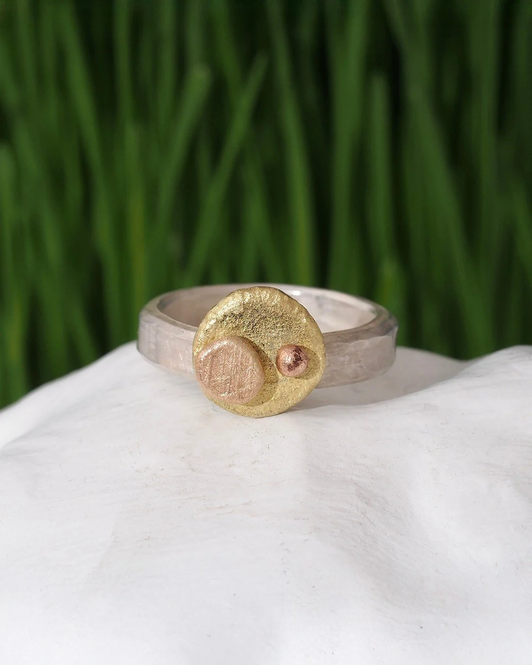 Mod Sterling ring with three custom-mixed colors of gold in organic shapes. This was a custom piece, made to order AKA bespoke. Organic shapes and textures in recycled metals, as is the Fancy way. 

#womanowned #seattlesmallbusiness #seattleartist  #