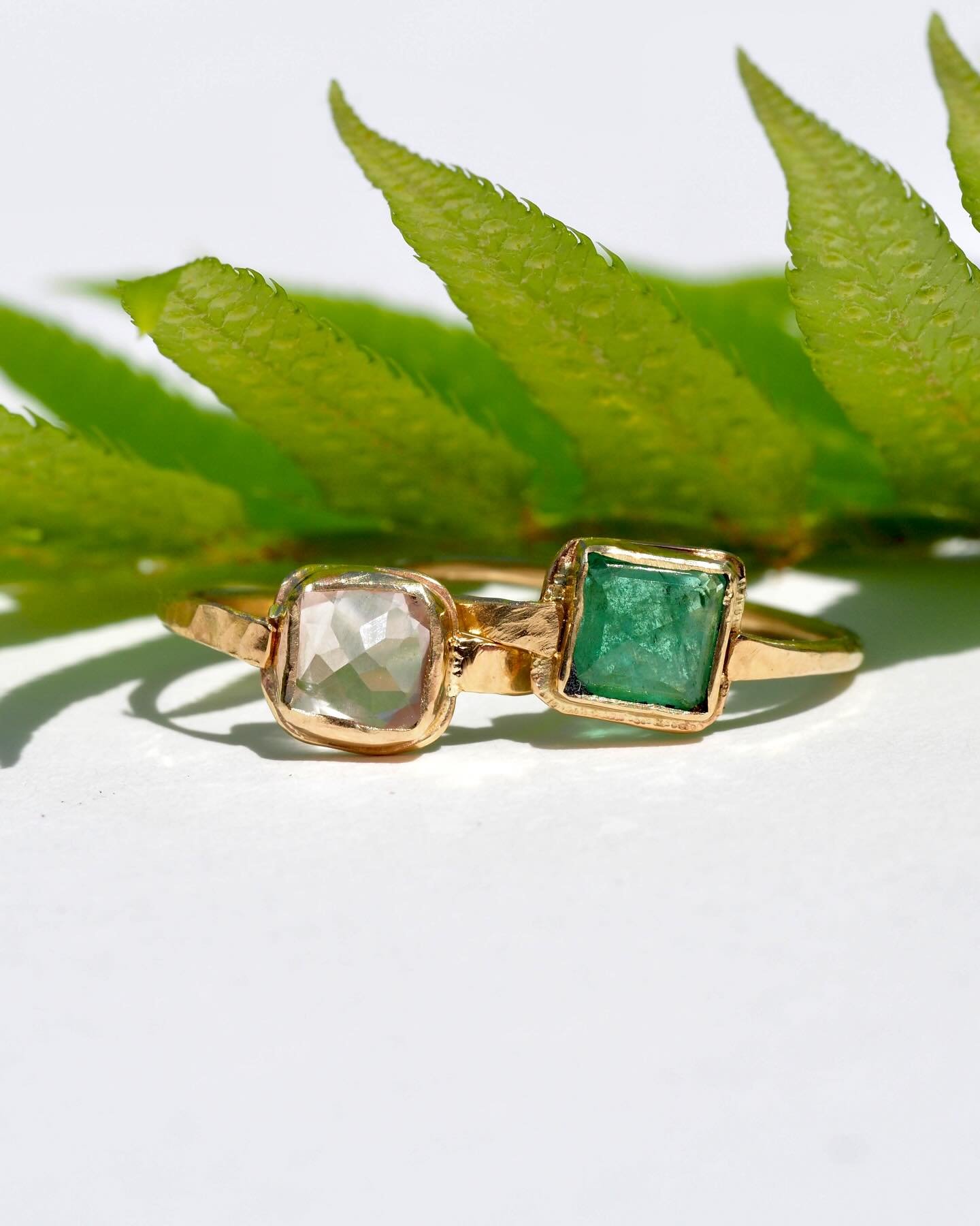 The perfect amount of messy in these recycled gold settings and bands. The cushion cut in the green and pale pink stones adds a dressy element that balances with the more casual style of the hand-formed metalwork. The combination is melty soft and lo