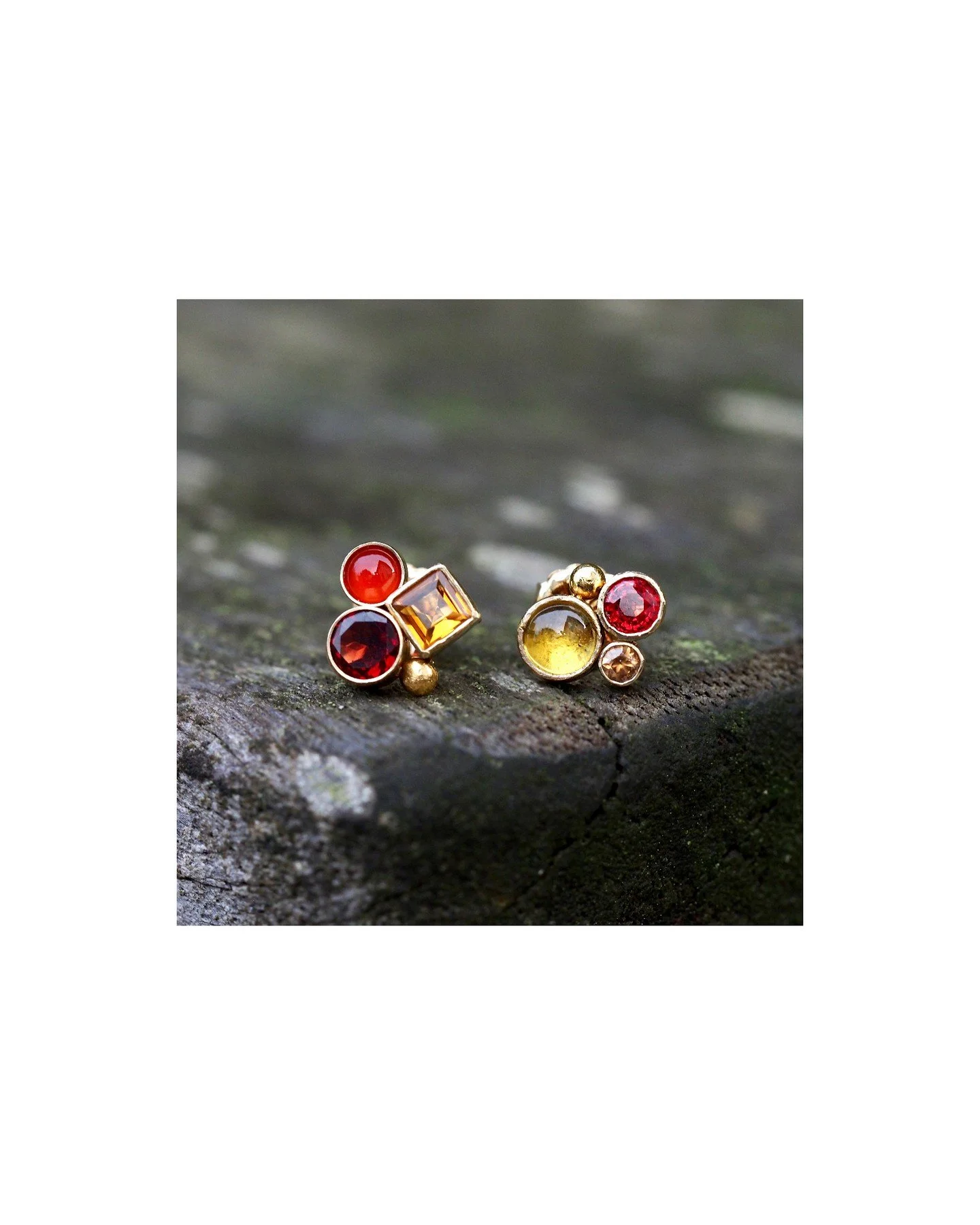 Modern bezel set cabochon gemstone stud earrings with gold baubbles. They match perfectly as a mismatched set. Made to order in our Seattle studio. No two sets will be exactly identical--we can make them in any color combination that ethical gemstone