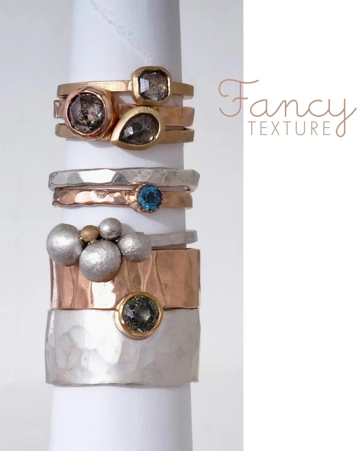 Bringing texture and character to fine jewelry is one of Fancy&rsquo;s specialties. We hand chisel, carve and create original textures that give an organic-tactile element to the jewelry we make in our Seattle studio. This handwork ensures that no tw