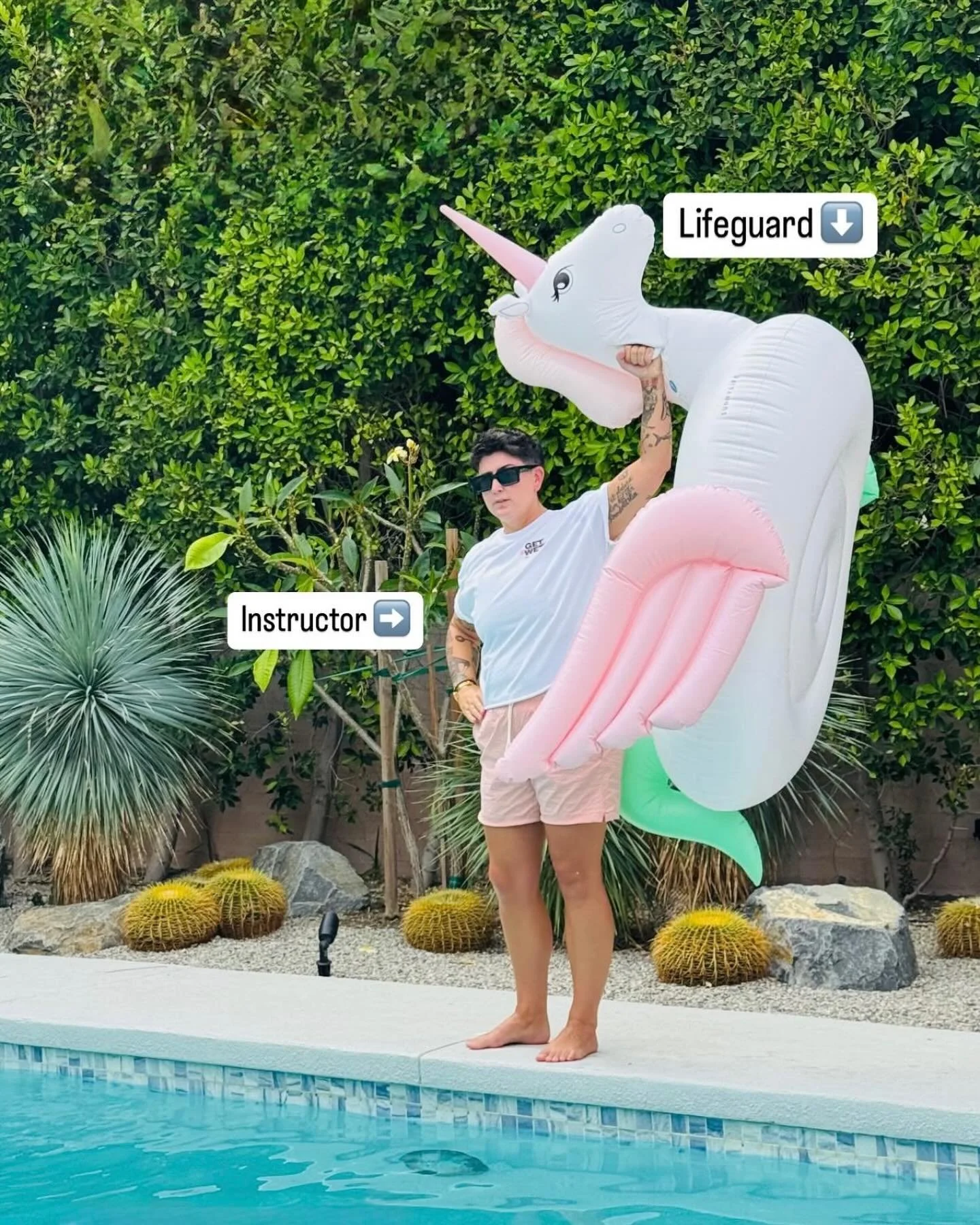 Meet your fashionable, sassy, British instructor &mdash; Emma. You pay extra for Neil 🦄 @getwetps 

Sunday morning water aerobics!! 

#GetWetPS #palmspringslifestyle #palmspringswedding #QueerWellness #PoolPartyWorkout #PalmSpringsFitness #palmsprin