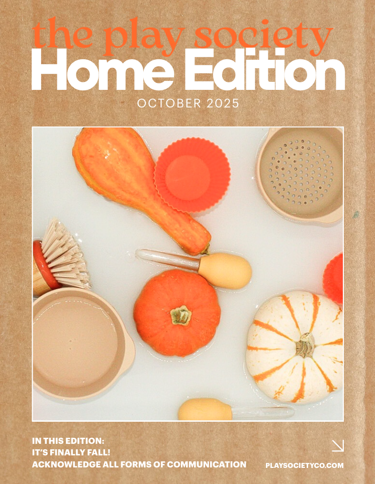 Cover of 'The Play Society Home Edition' magazine, October 2025, featuring a flat lay of small pumpkins, gourds, silicone baking cups, a pastry brush, and a dropper on a white surface.