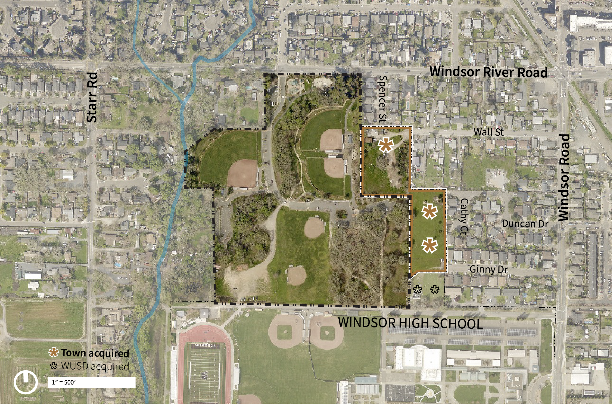 Site Map for Keiser Park. The 3 town-acquired parcels are identified with brown asterisks. The WUSD-acquired parcels are identified by smaller, black asterisks.