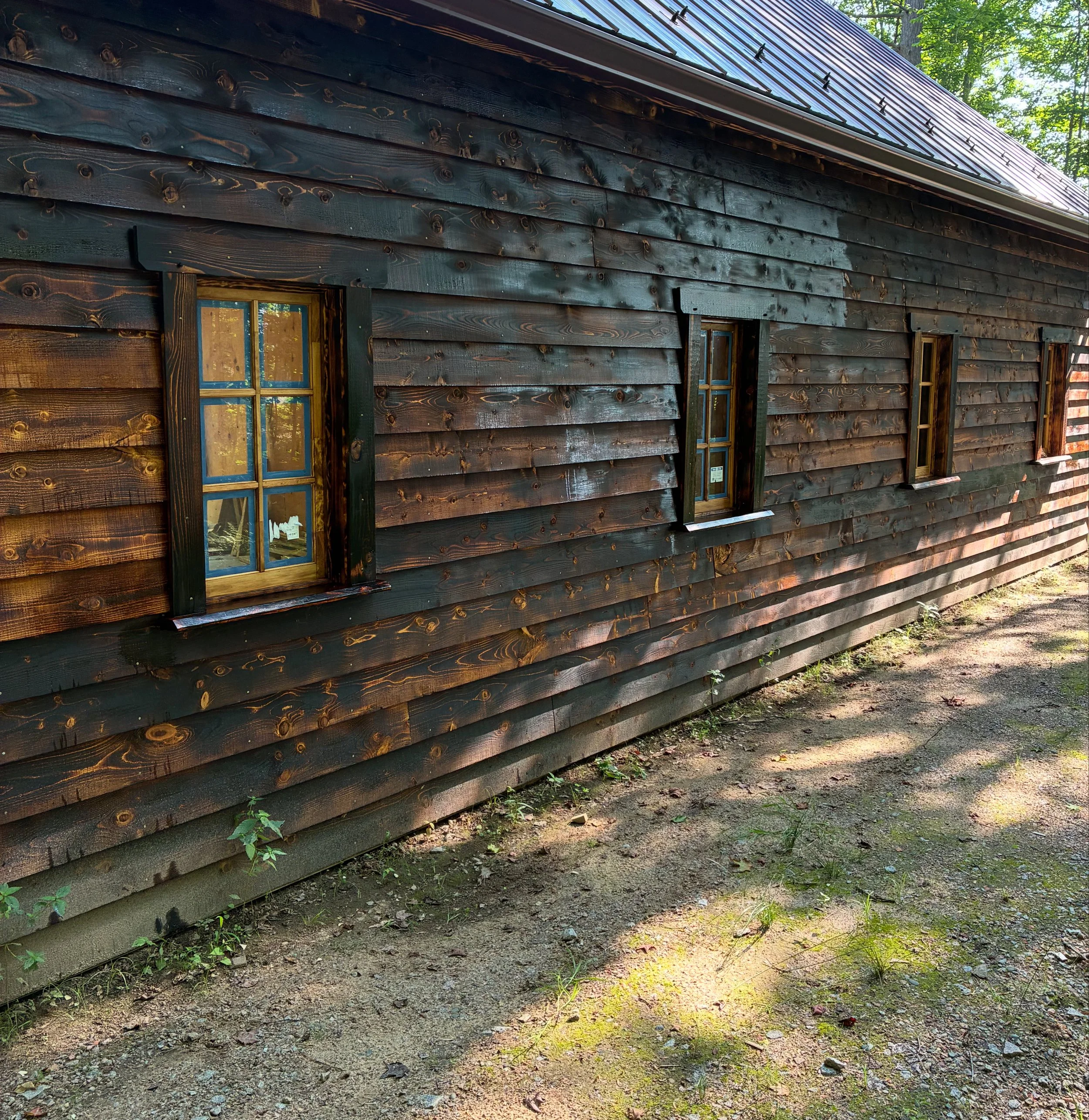 A wooden house with dark stained horizontal planks and four small windows with blue trim, situated in a wooded area with sunlight and shadows on the ground.