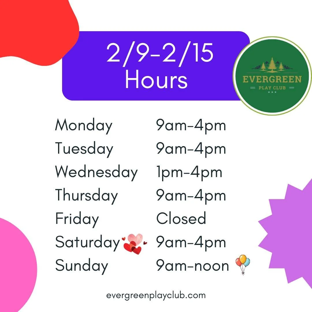 We are hosting some birthday parties🎈, and a private play date 🎉 this week, so our hours are adjusted. 
&bull;
Don't forget, we are hosting a birthday party on Valentine's Day from 1-4PM! Come and share the love with an experience at Evergreen! 💘