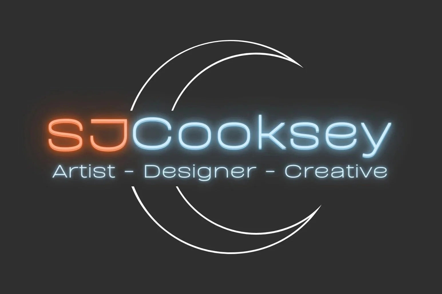 Neon sign displaying the name 'S J Cooksey' with the tagline 'Artist - Designer - Creative' underneath, with abstract white curved lines on a dark background.