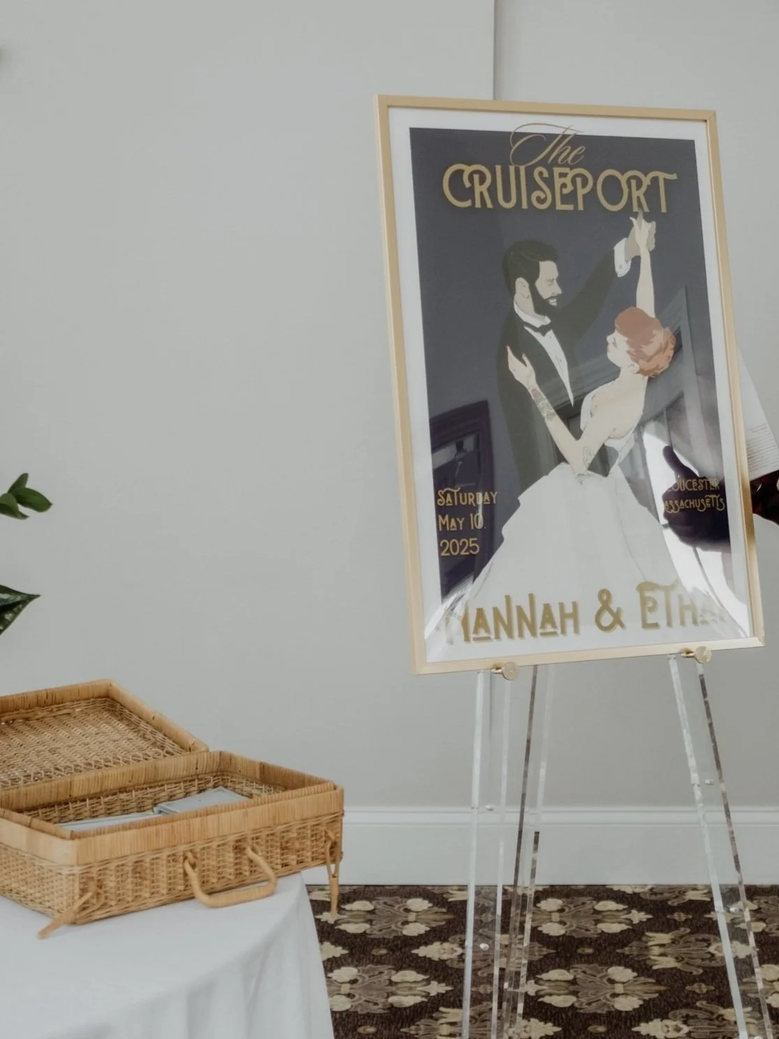 Hannah designed their welcome sign based off of a vintage movie poster she found online. She spent weeks photoshopping, color matching and editing the poster until it was perfect! She included all of her tattoos as well as both her and Ethan's nose r