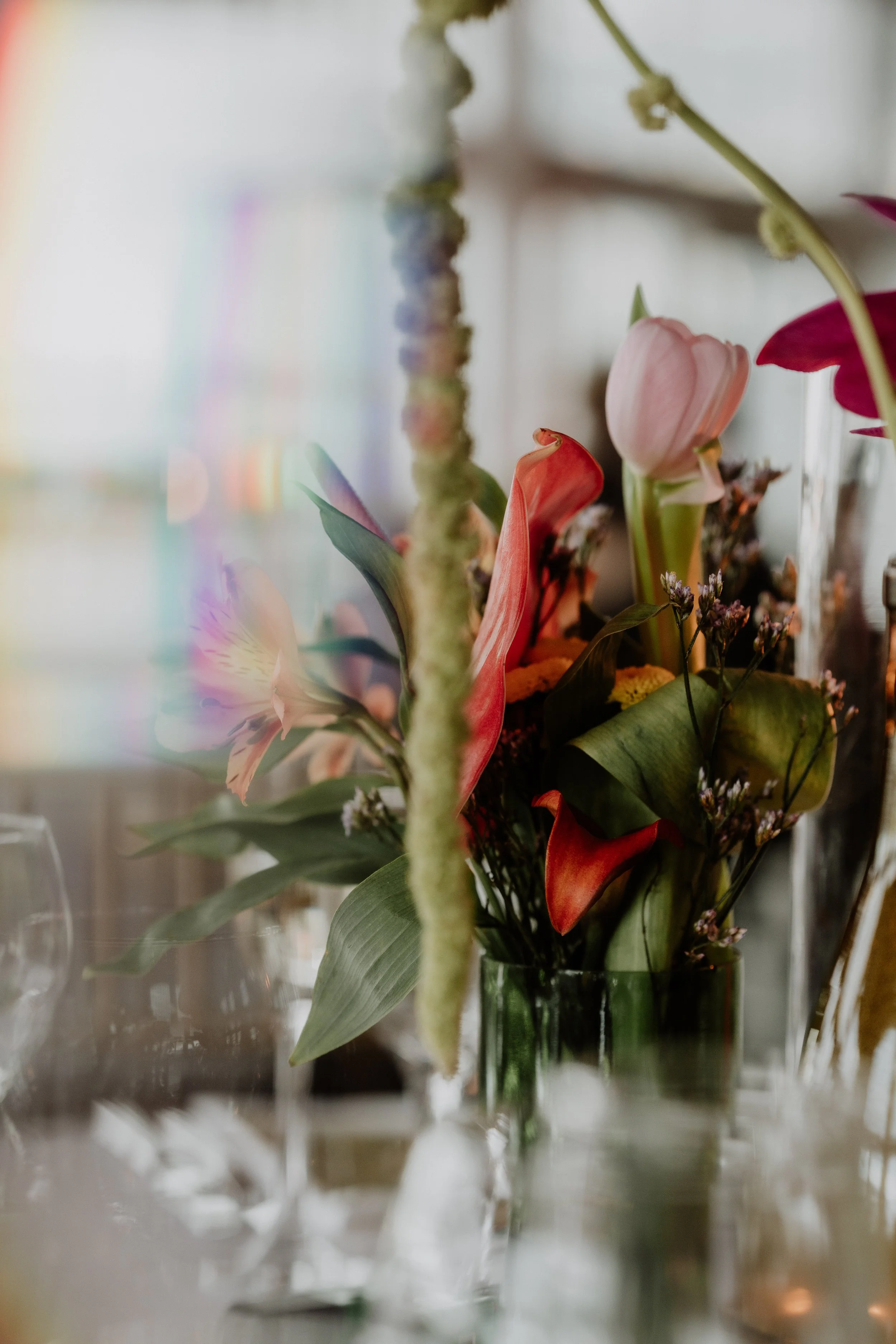 All of the florals on the tables were put together the Thursday before the wedding. We had ordered flowers online but half of them did not arrive on time. Hannah took off to Trader Joes and purchased dozens of flowers to use and with the help of her