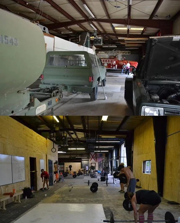 Two images: the top shows an indoor garage with old vehicles, including a green military vehicle and a black vehicle with an open hood. The bottom shows a gym with people lifting weights and working out, with wooden walls and gym equipment.