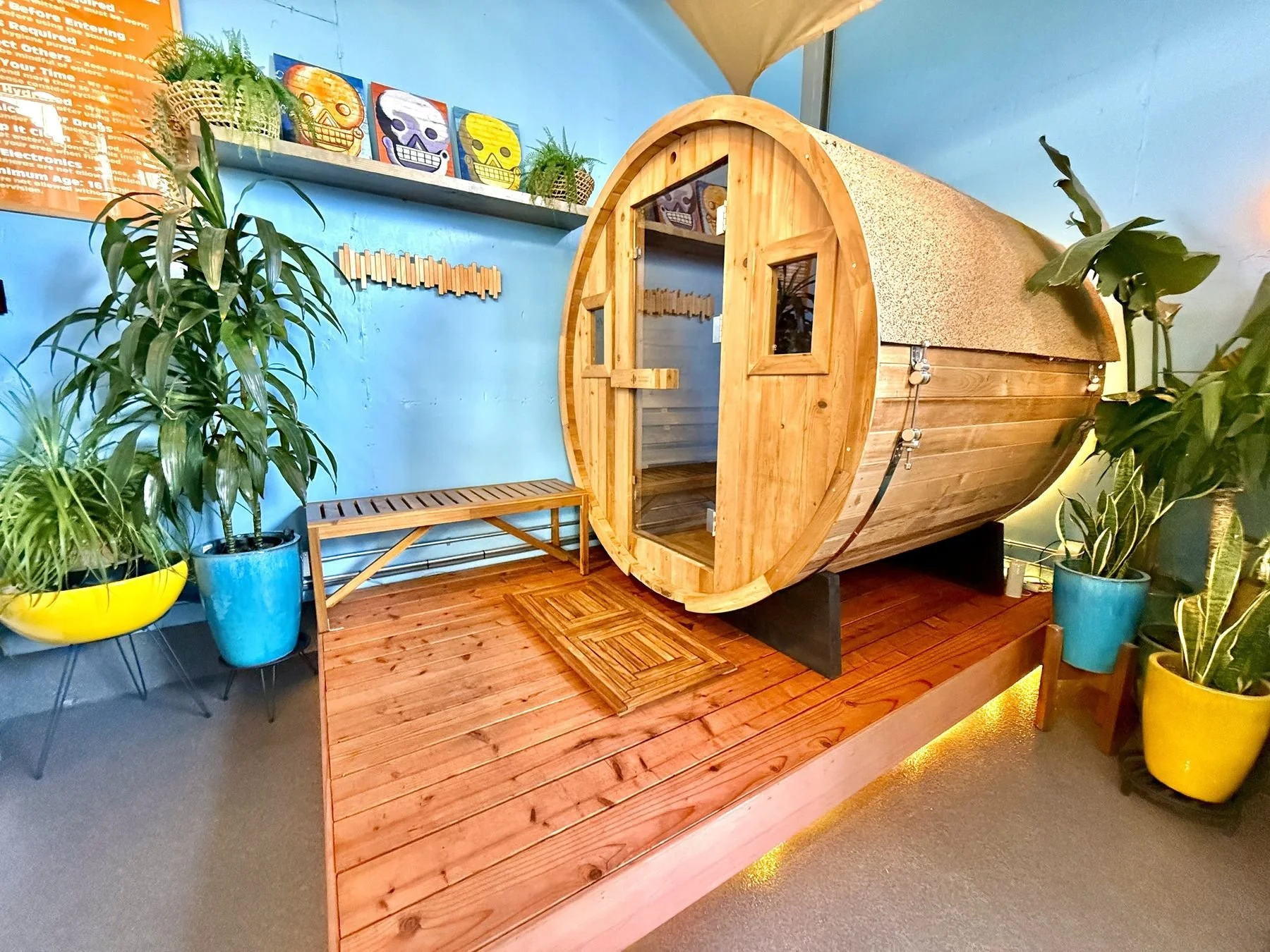 The barrel sauna on the waterfront deck at Dogpatch Paddle in San Francisco