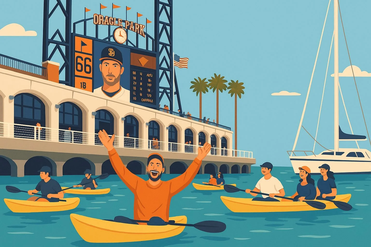 Kayakers in McCovey Cove beside Oracle Park on a Giants game day