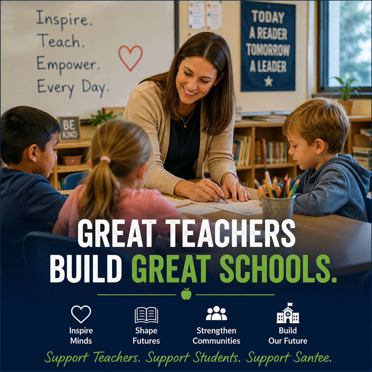 Steven Dobesh understands teachers are key to students success in a classroom, engaging in a learning activity. The classroom has educational posters and bookshelves, and motivational signs on the walls.