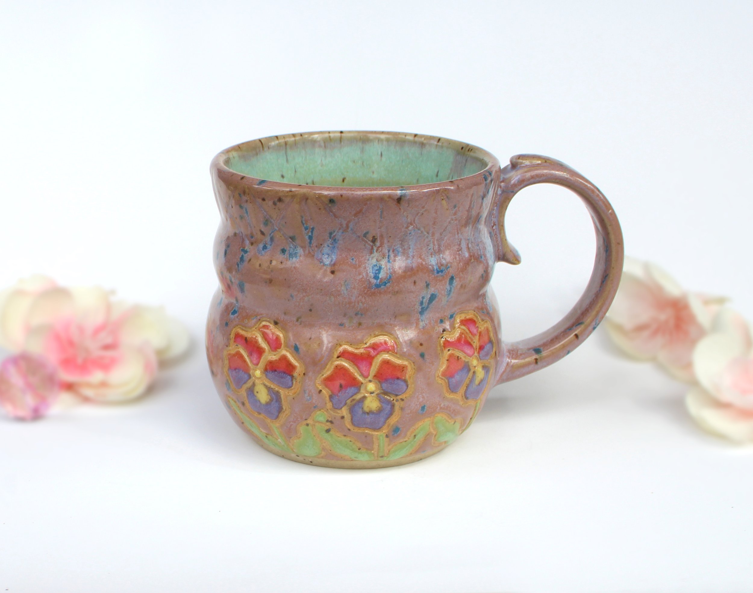 Handmade Carved Pansy Mug in Pink, Purple, & Green - Colorful Cottagecore Floral Ceramic Coffee Cup