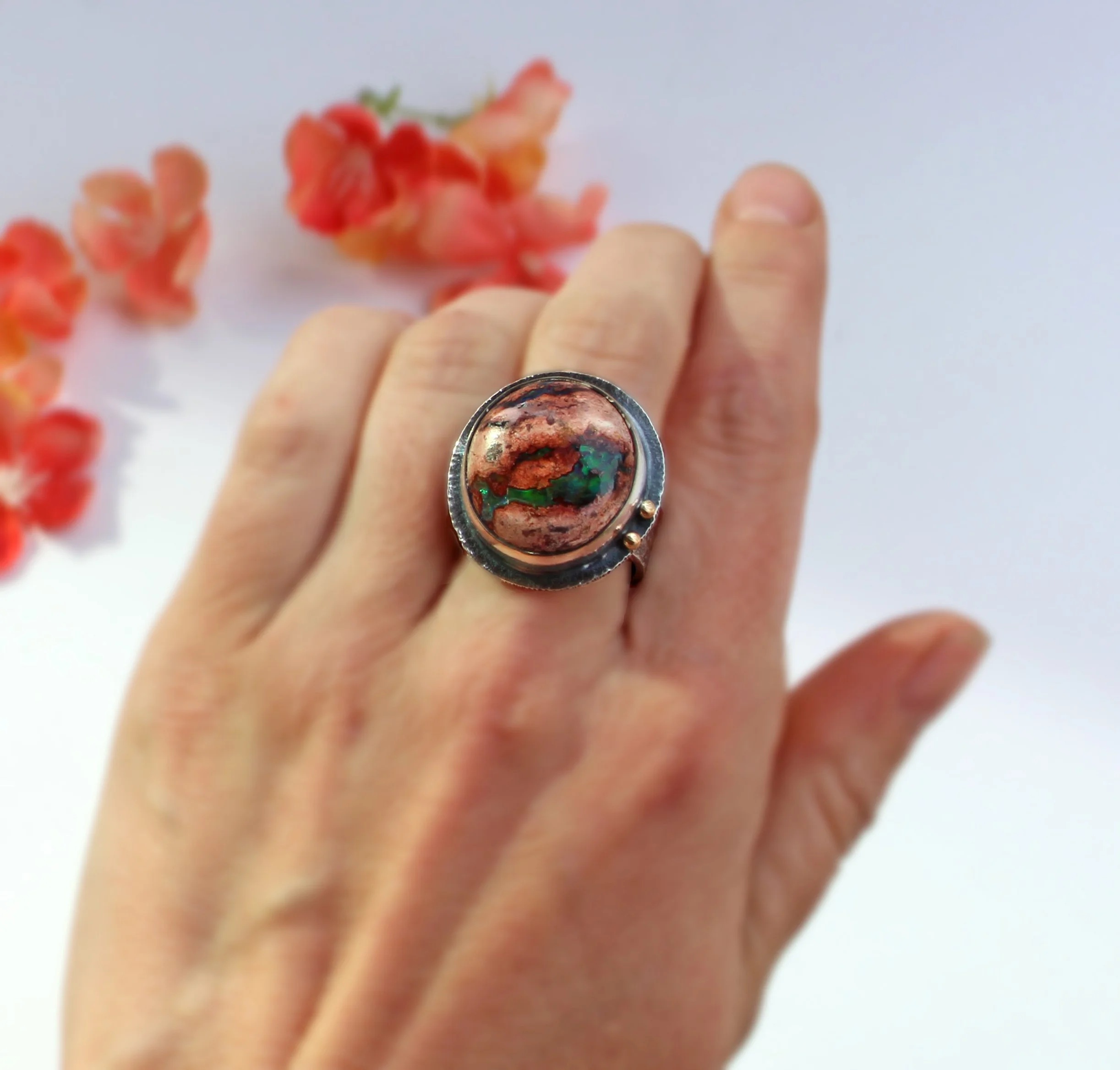 Fits Size 8 1/2 - Sterling Silver Flashy Green Mexican Fire Opal Ring with 14K Gold  Ring - Sterling Silver Green Gemstone Artisan Jewelry