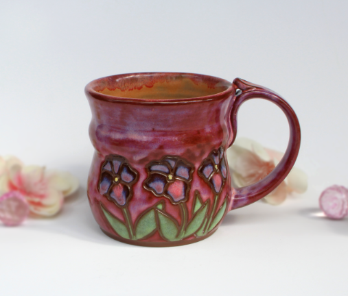 Handmade Carved Pansy Mug in Pink, Orange, & Purple - Colorful Cottagecore Floral Ceramic Coffee Cup